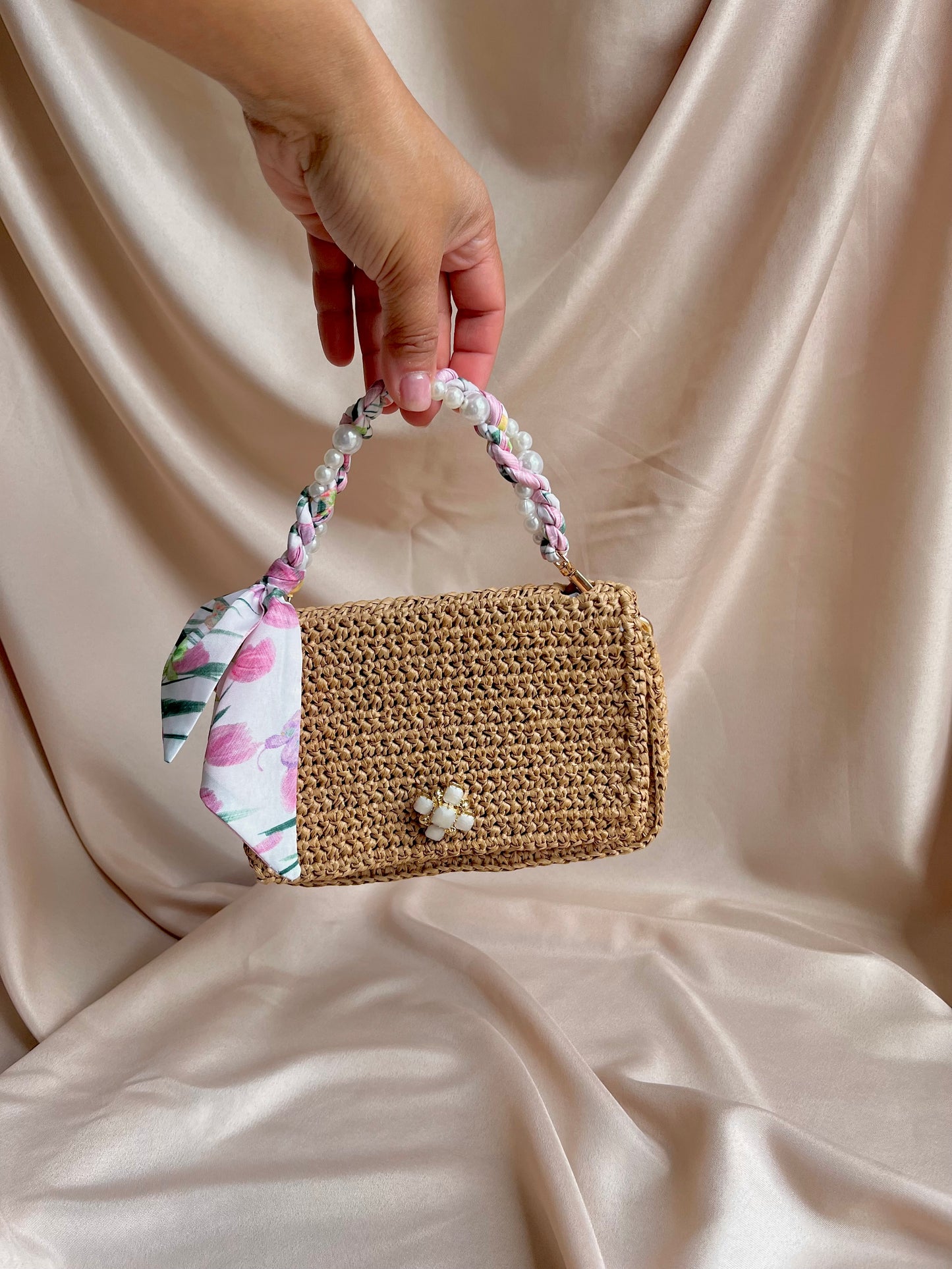 Parisian vibe mini raffia handbag with pearl and satin scarf top handle