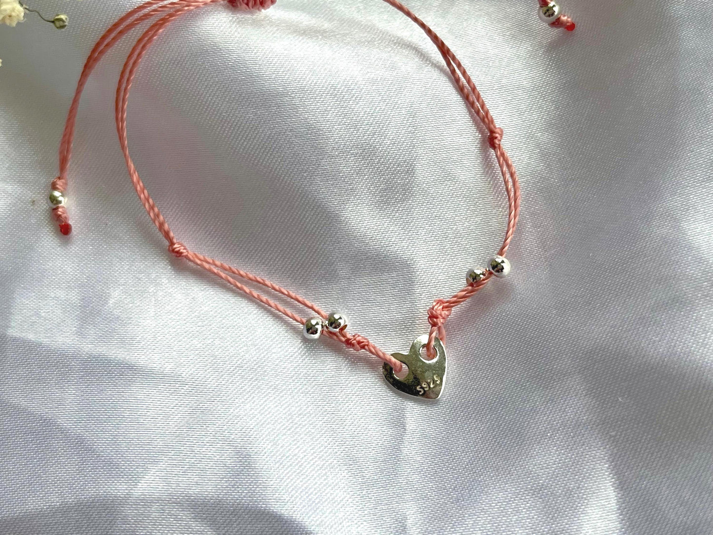 Sterling silver heart charm string bracelet, adjustable heart bracelet, charm bracelet valentines gift for girlfriend, mothers day present