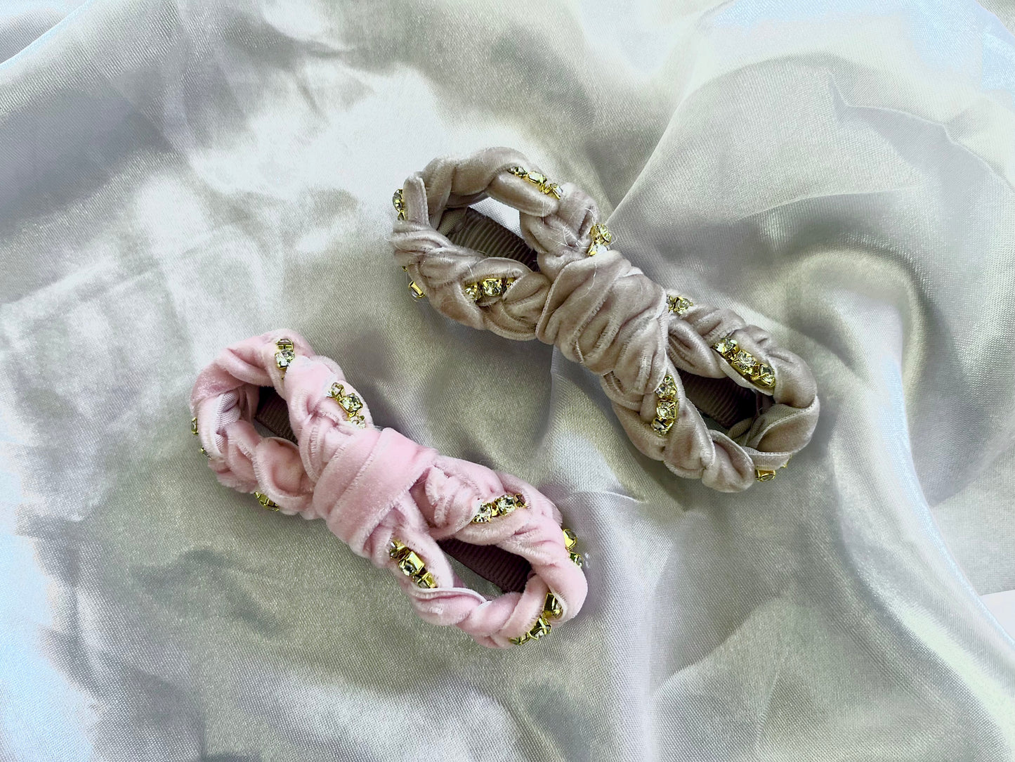 Diamanté velvet braid bow barrettes