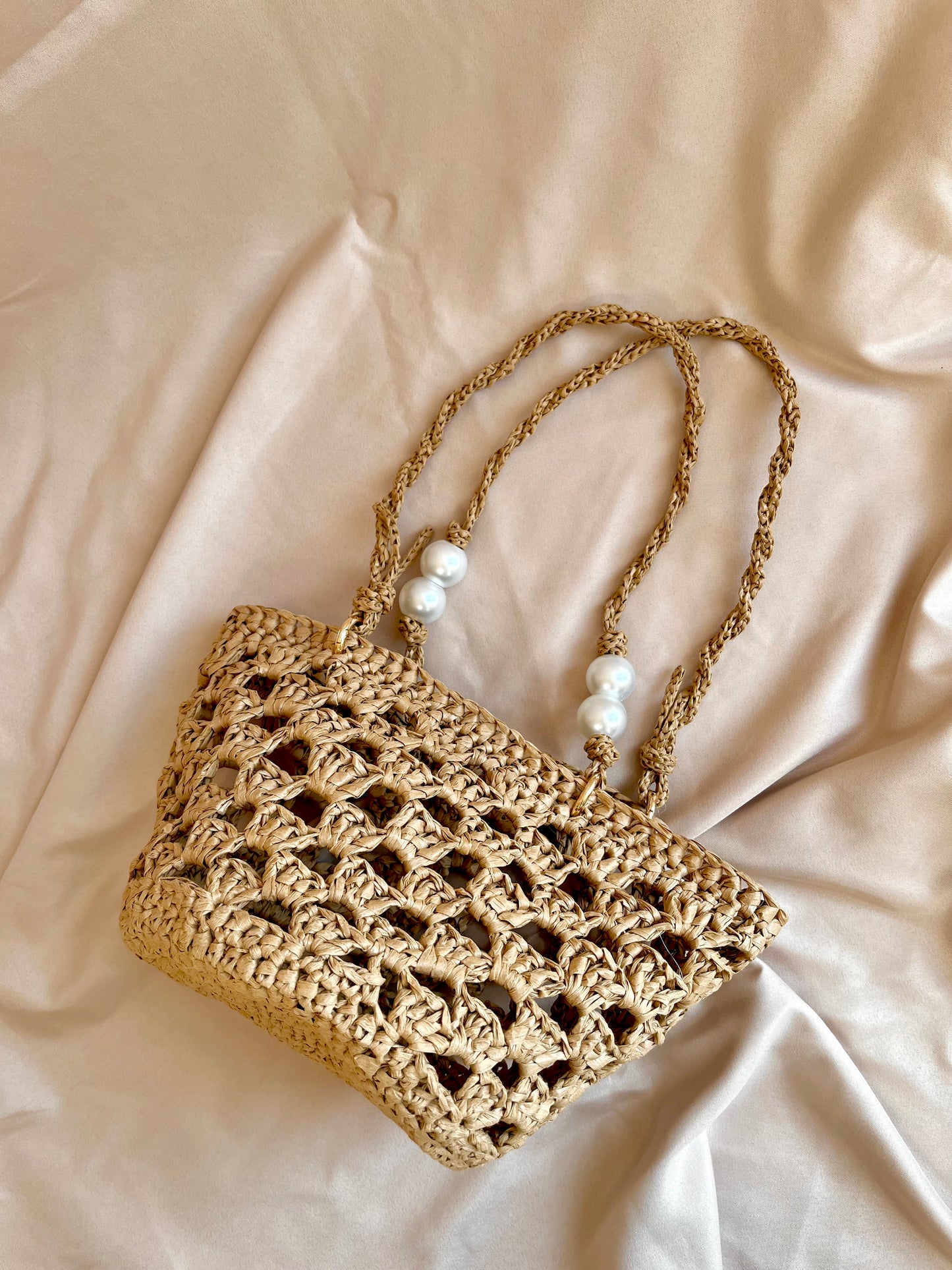 Boho crochet mini raffia tote with braided pearl handles