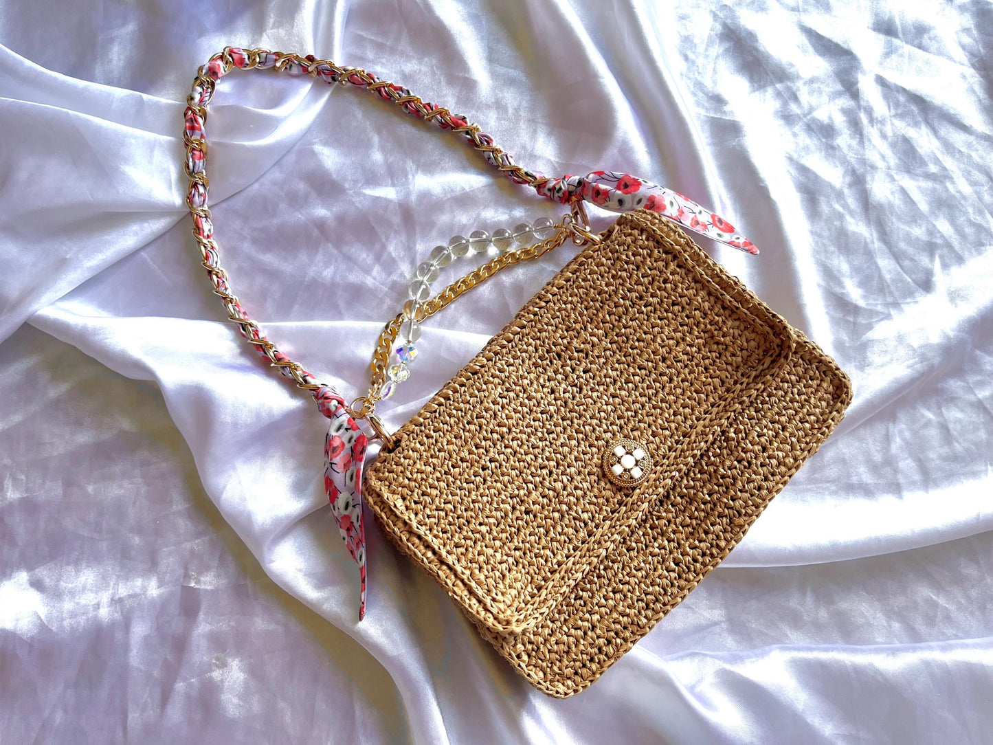 Boho Chic raffia classic flap bag with beaded handle