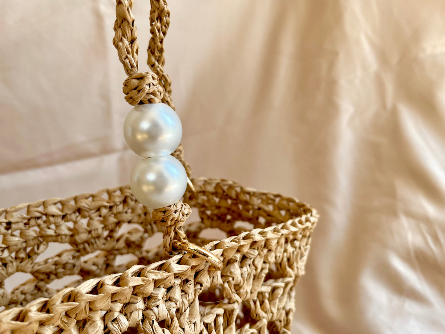 Boho crochet mini raffia tote with braided pearl handles