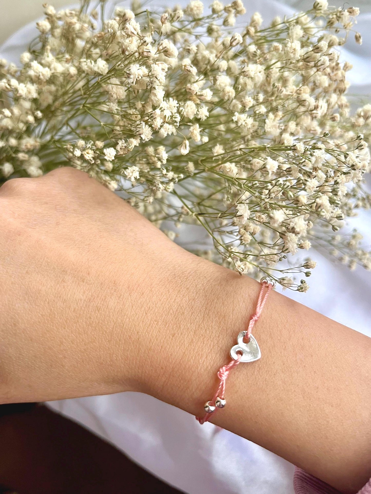 Sterling silver heart charm string bracelet, adjustable heart bracelet, charm bracelet valentines gift for girlfriend, mothers day present