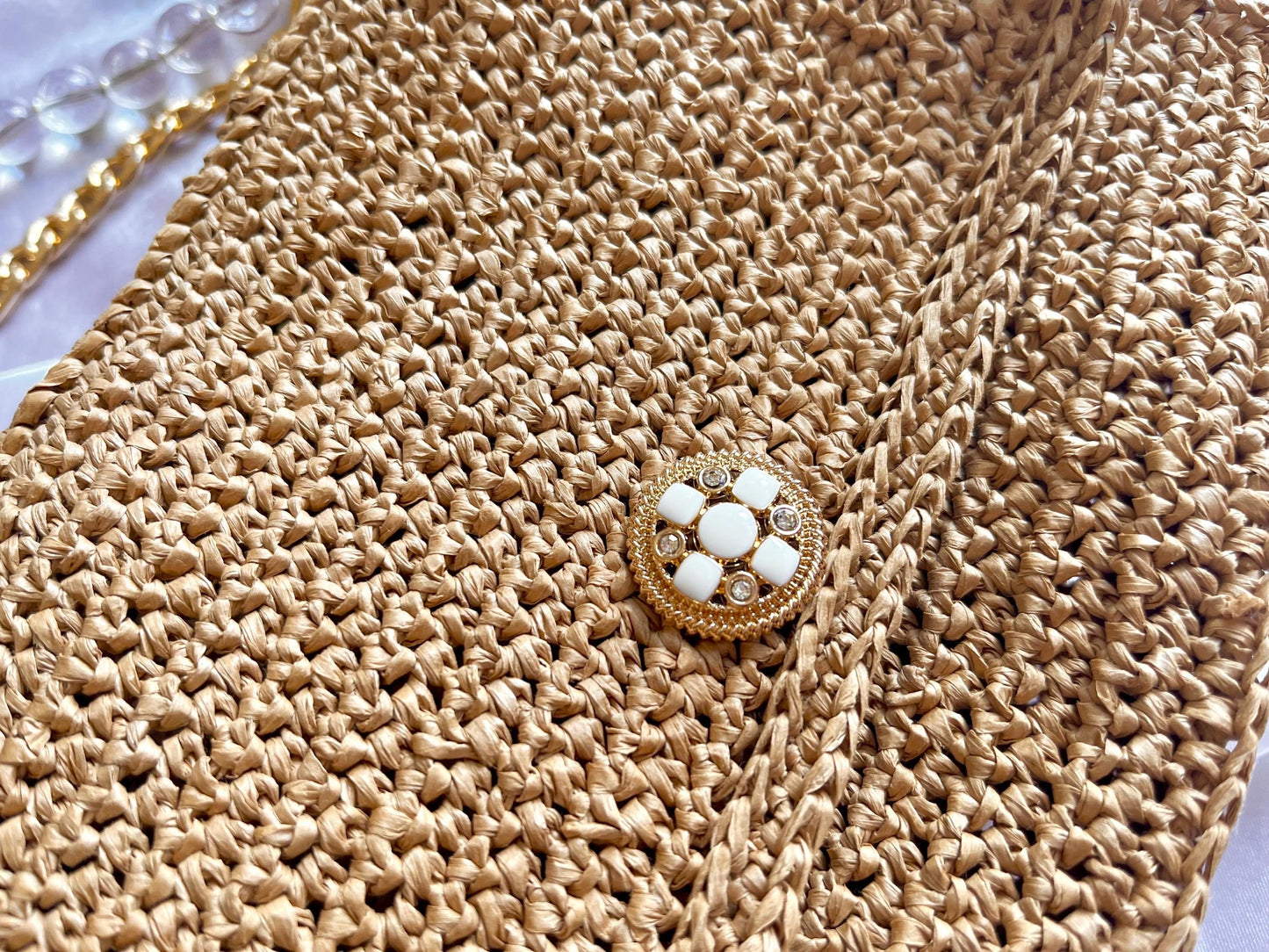 Boho Chic raffia classic flap bag with beaded handle