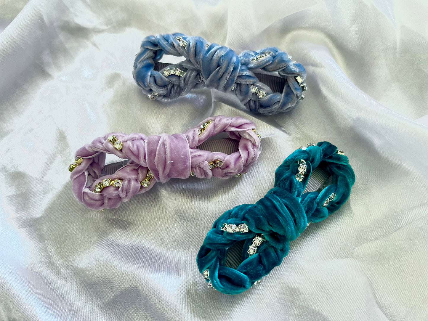 Diamanté velvet braid bow barrettes
