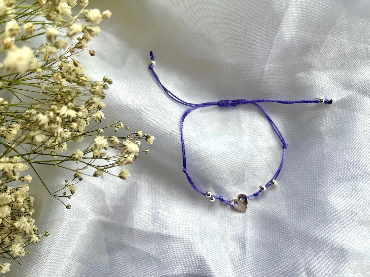 Sterling silver heart charm string bracelet, adjustable heart bracelet, charm bracelet valentines gift for girlfriend, mothers day present