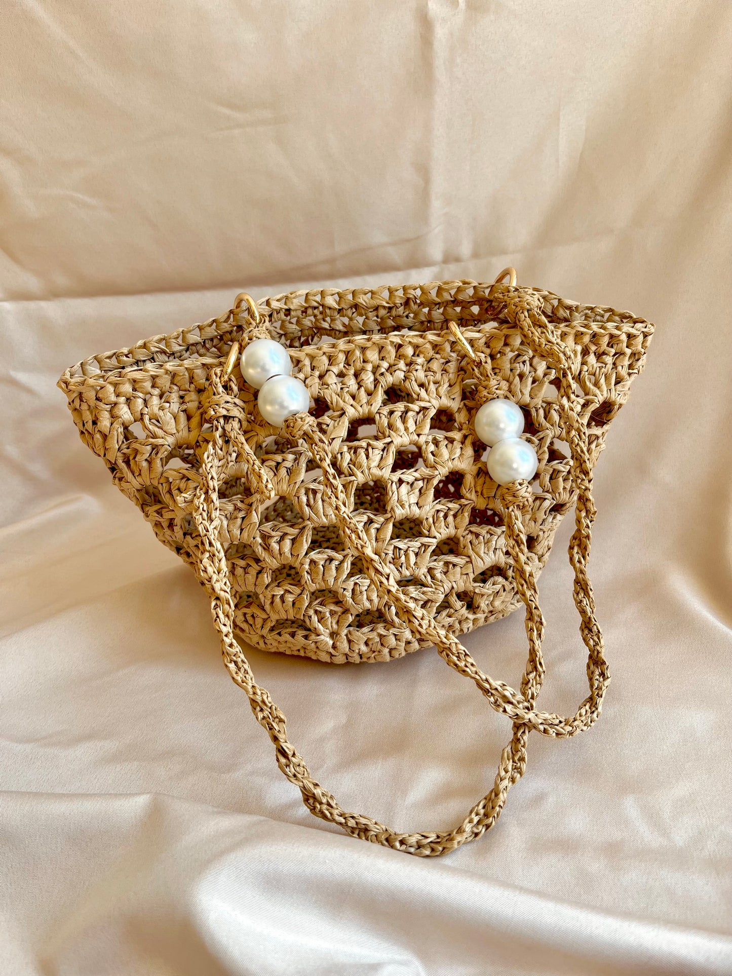 Boho crochet mini raffia tote with braided pearl handles