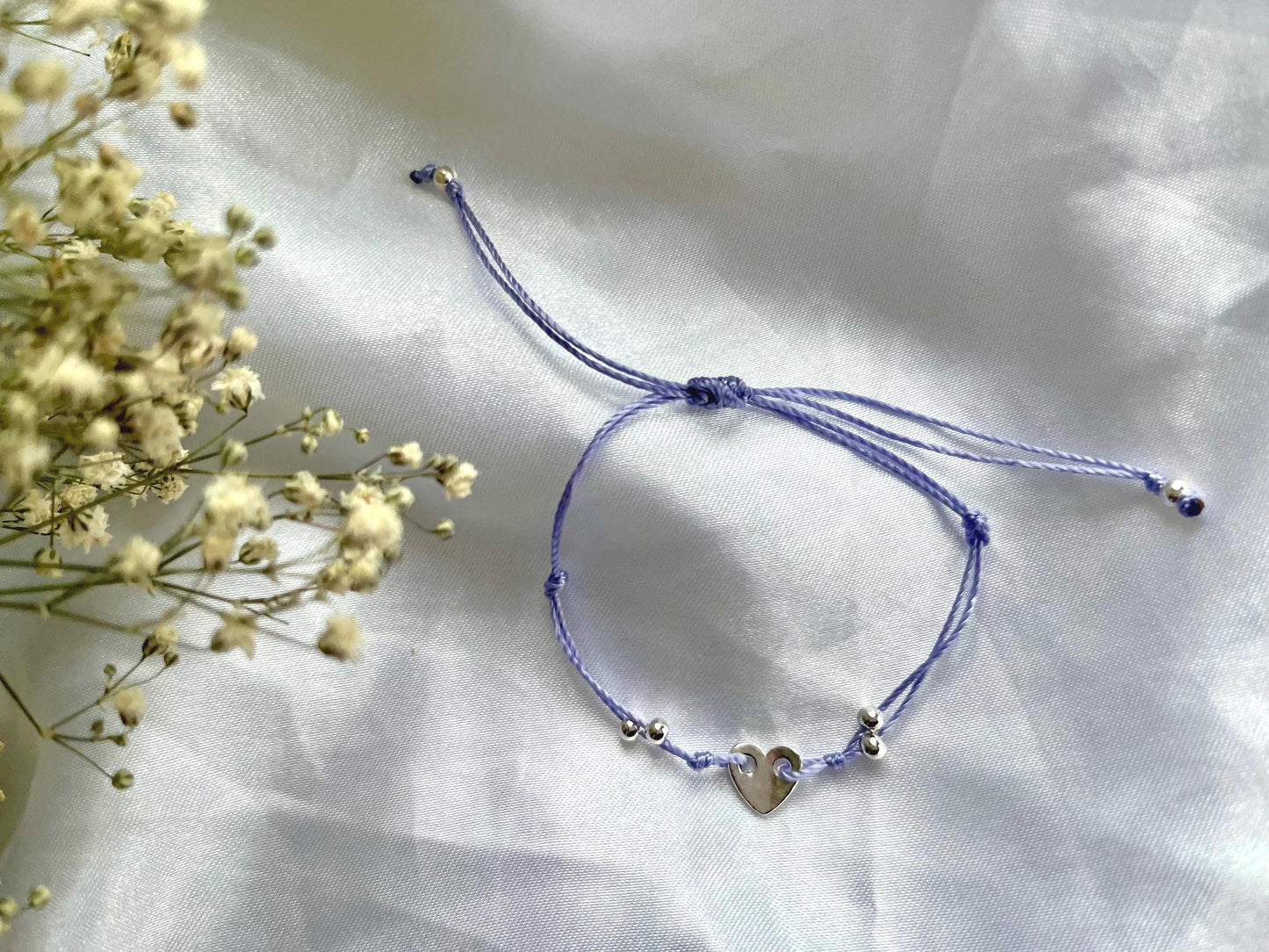Sterling silver heart charm string bracelet, adjustable heart bracelet, charm bracelet valentines gift for girlfriend, mothers day present