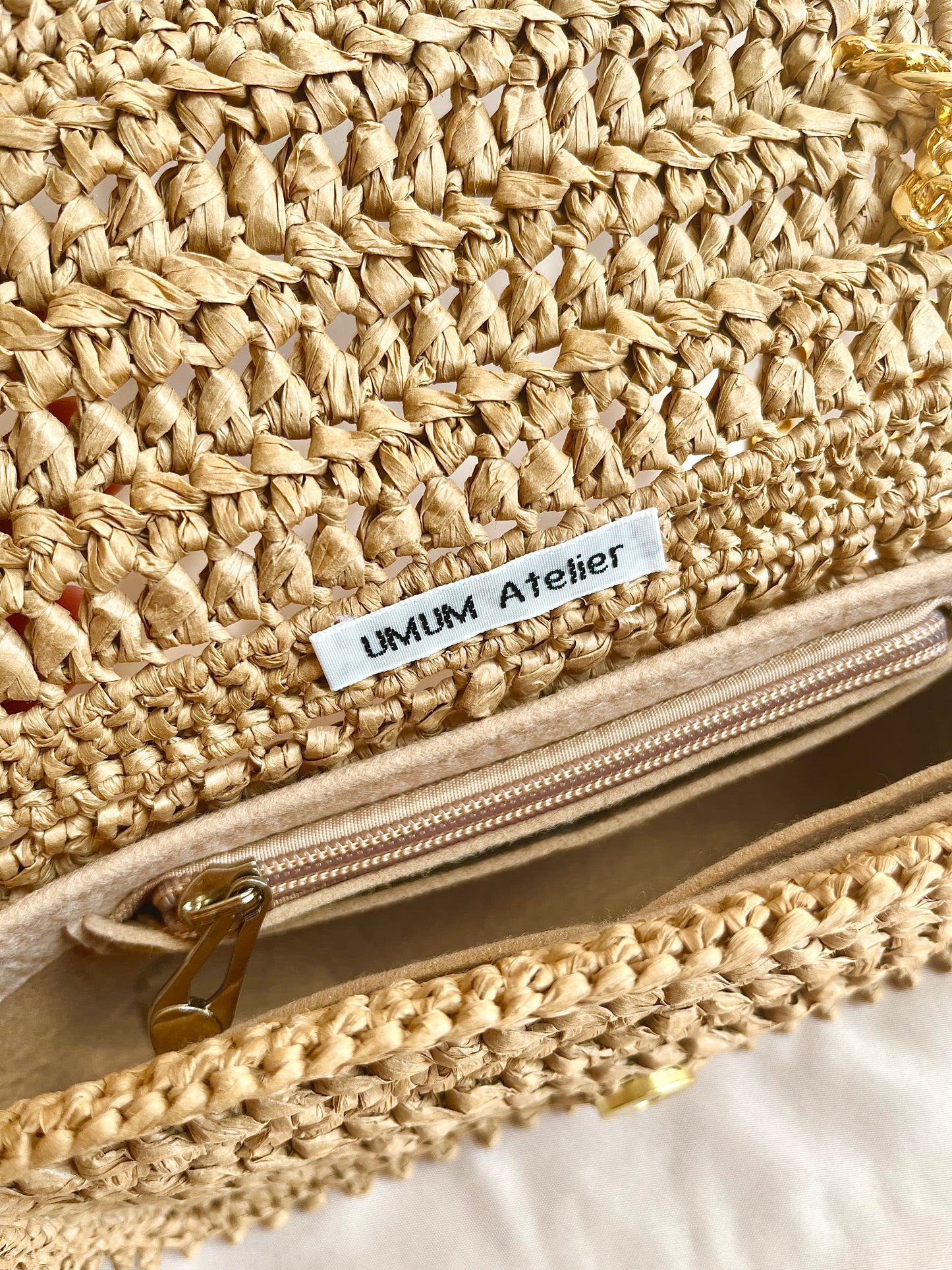 Parisian Chic raffia classic flap chain bag with embroidered beaded edging
