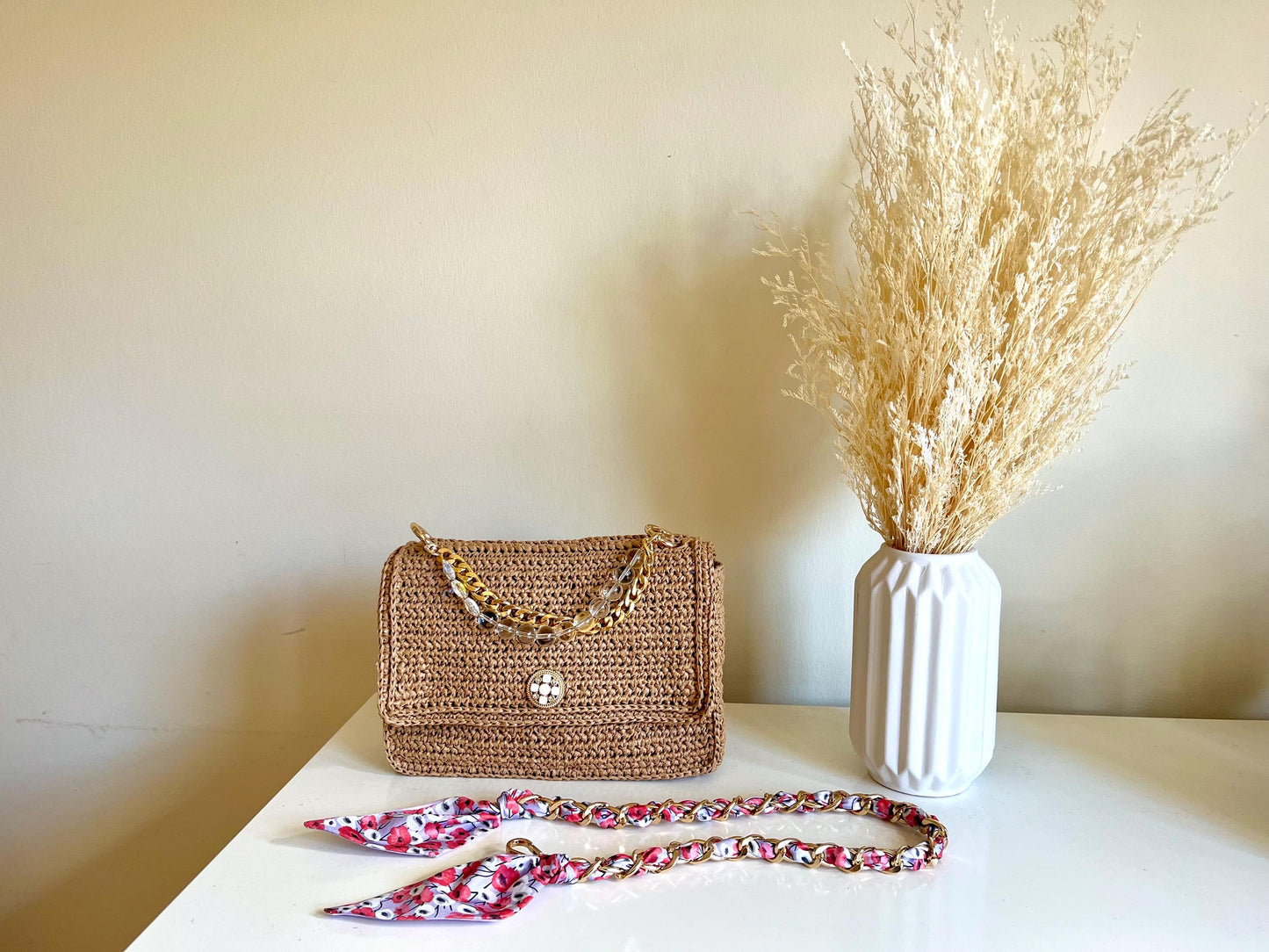 Boho Chic raffia classic flap bag with beaded handle