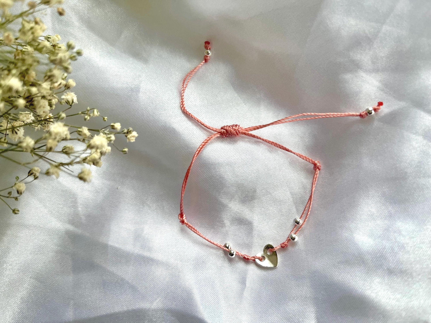 Sterling silver heart charm string bracelet, adjustable heart bracelet, charm bracelet valentines gift for girlfriend, mothers day present