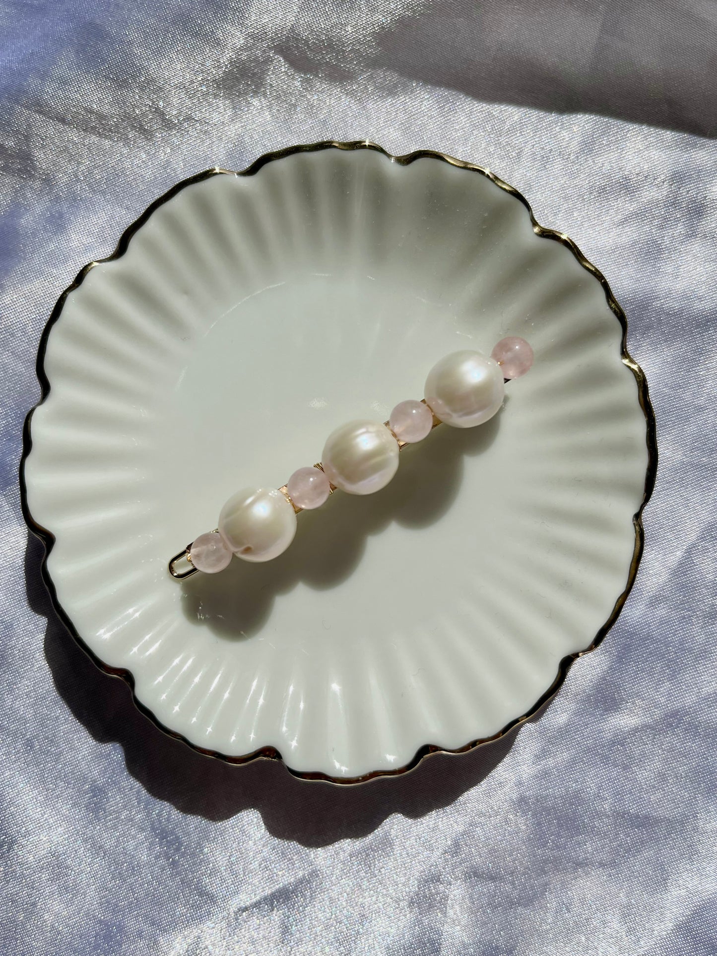 Freshwater baroque pearl and rose quartz barrette, freshwater pearl hair pin, baroque pearl and crystal minimalist hair pin, pearl hair clip