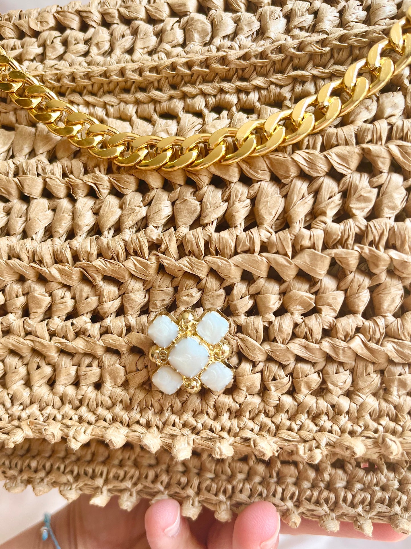 Parisian Chic raffia classic flap chain bag with embroidered beaded edging