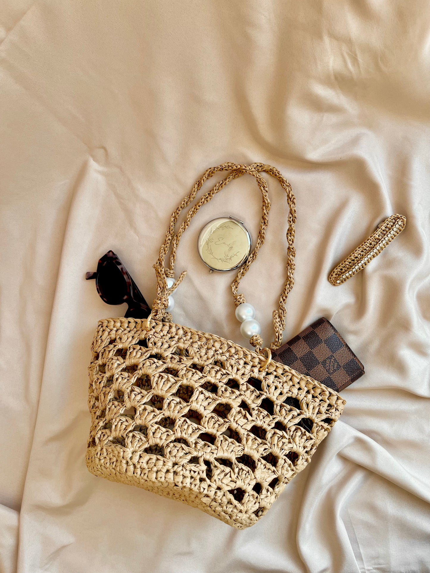 Boho crochet mini raffia tote with braided pearl handles