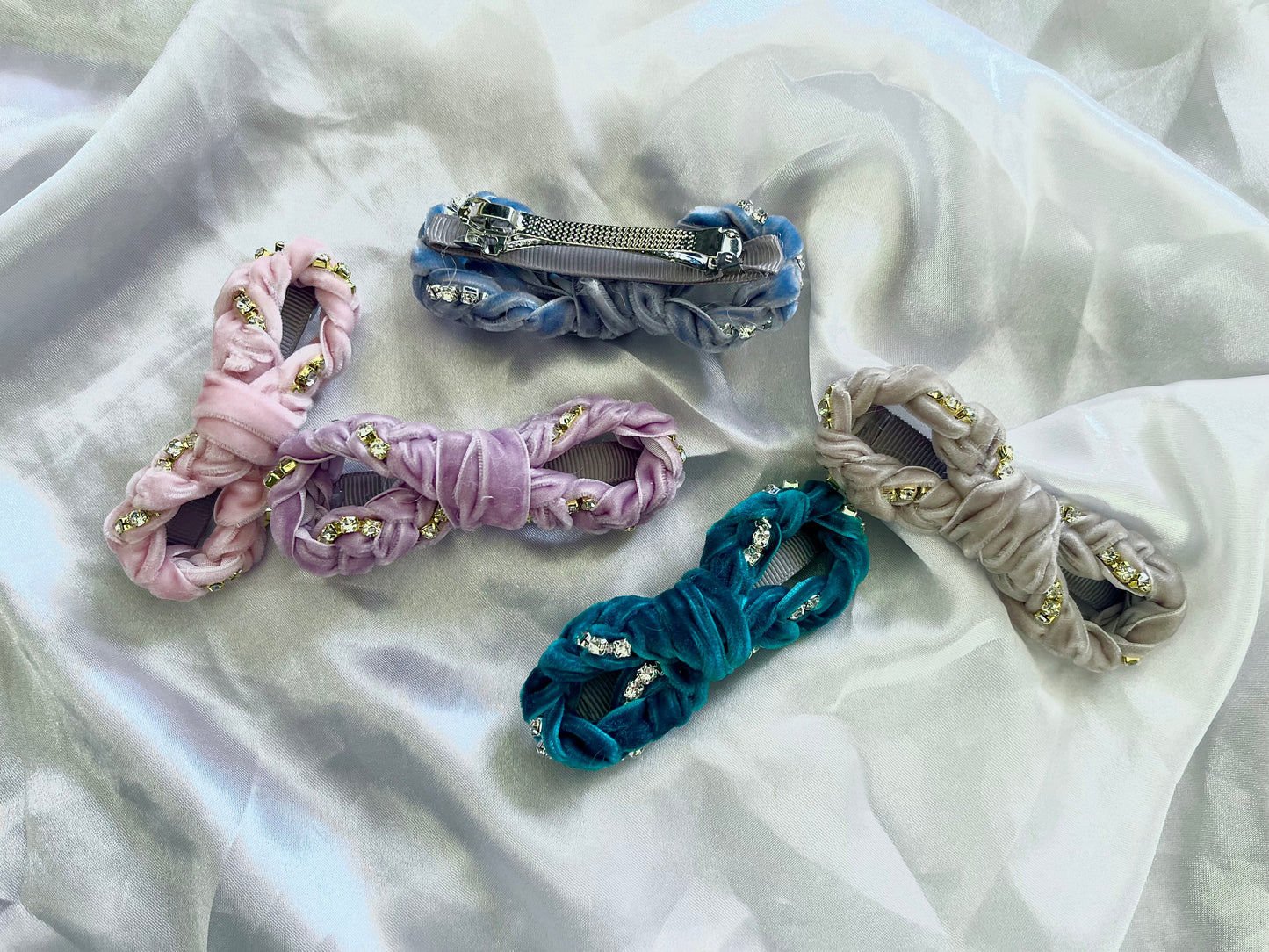 Diamanté velvet braid bow barrettes