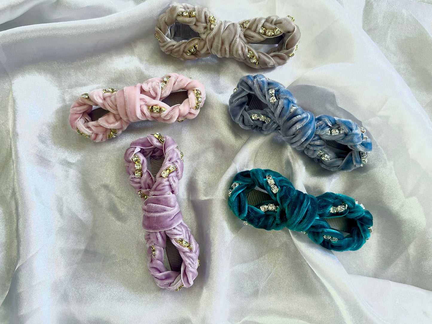 Diamanté velvet braid bow barrettes
