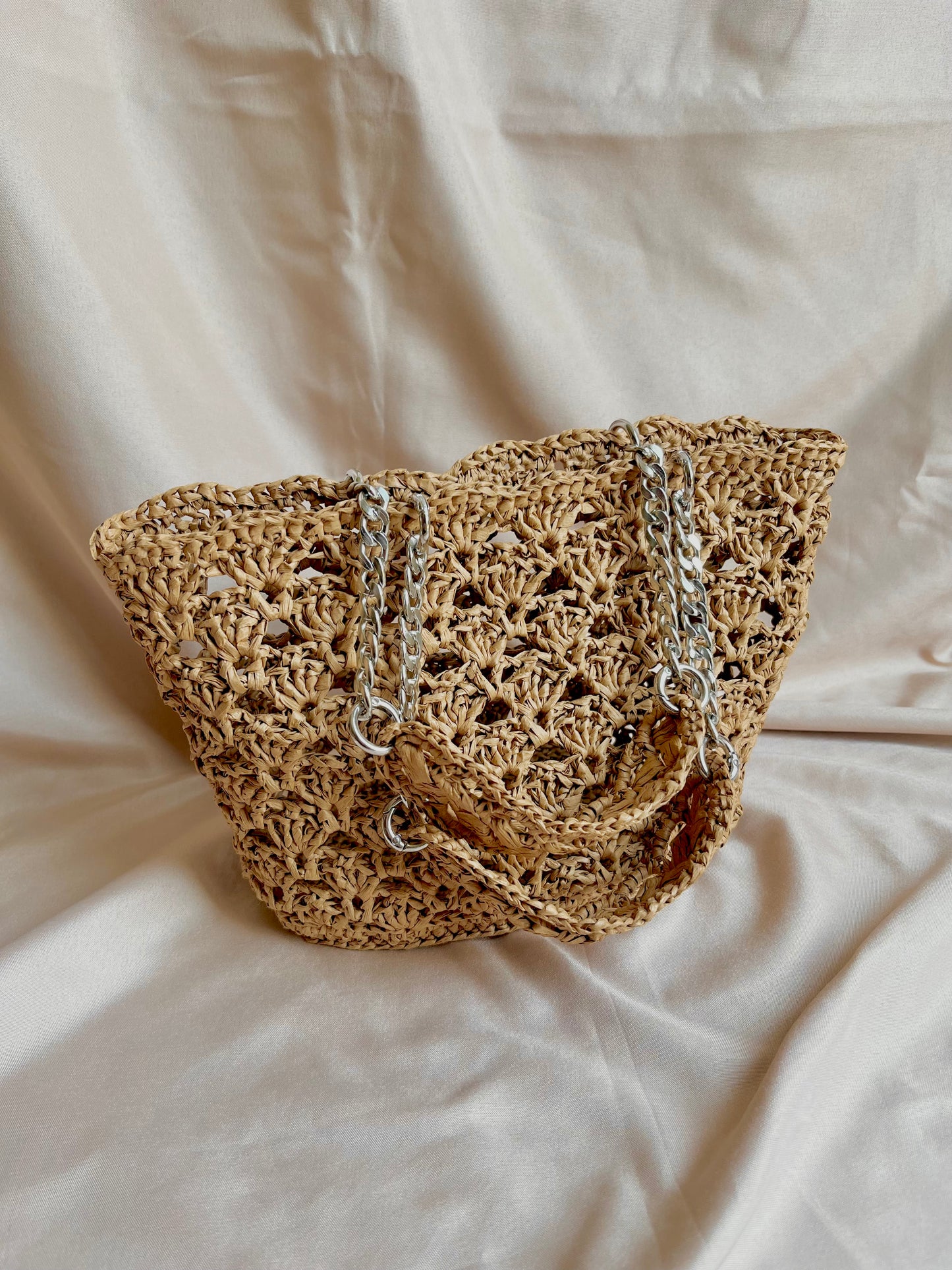 Mini raffia tote bag with silver hardware