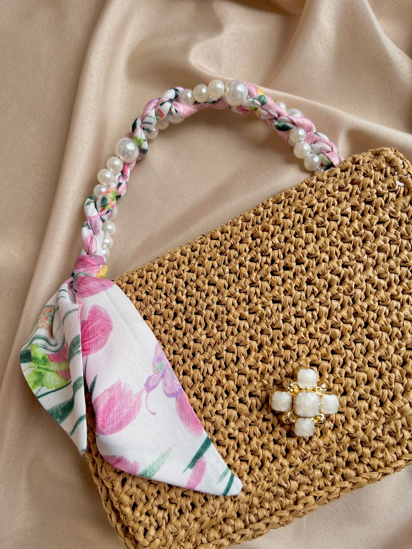 Parisian vibe mini raffia handbag with pearl and satin scarf top handle