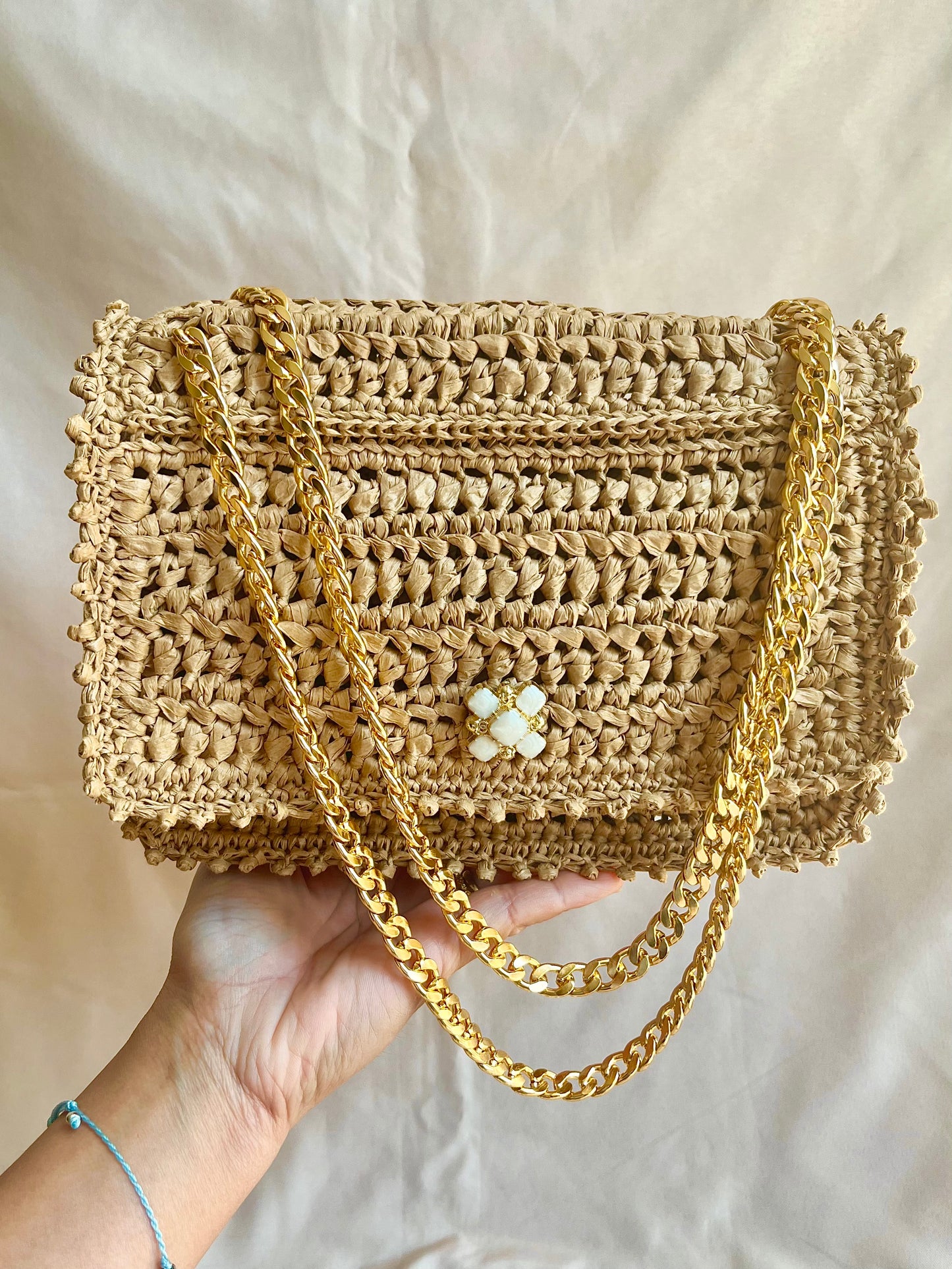 Parisian Chic raffia classic flap chain bag with embroidered beaded edging