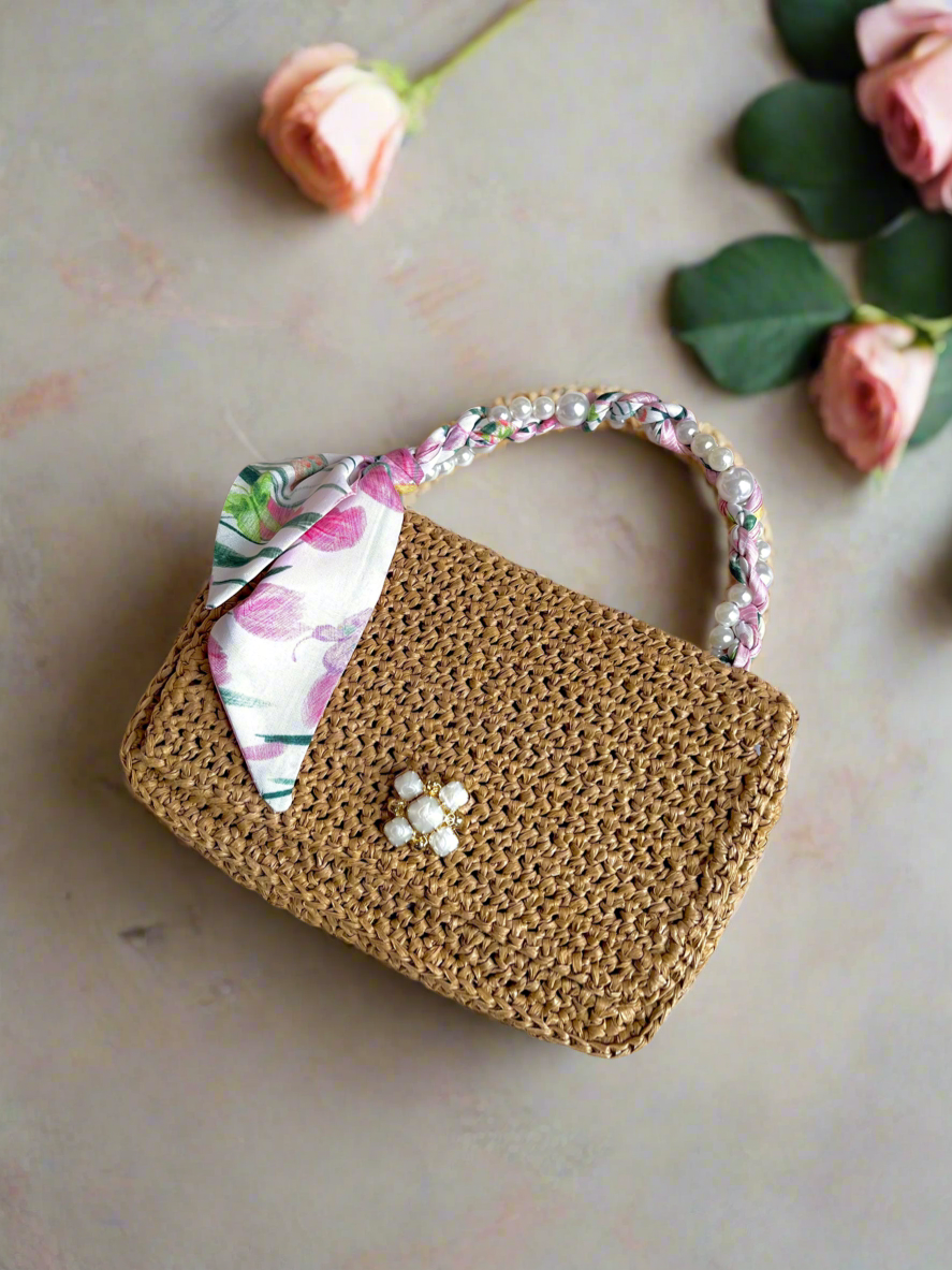 Parisian vibe mini raffia handbag with pearl and satin scarf top handle