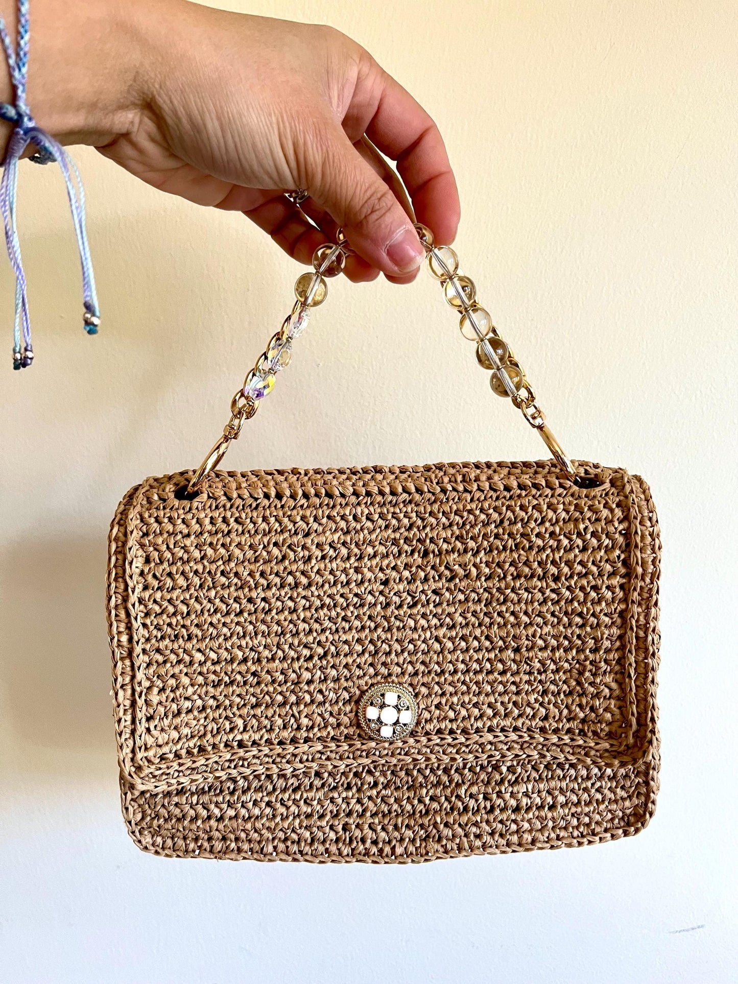 Boho Chic raffia classic flap bag with beaded handle
