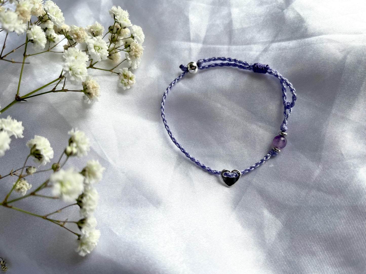 Dainty silver heart natural crytal beaded bracelets. Aquamarine, rose quartz, amethyst bead bracelets, sterling silver heart charm bracelets