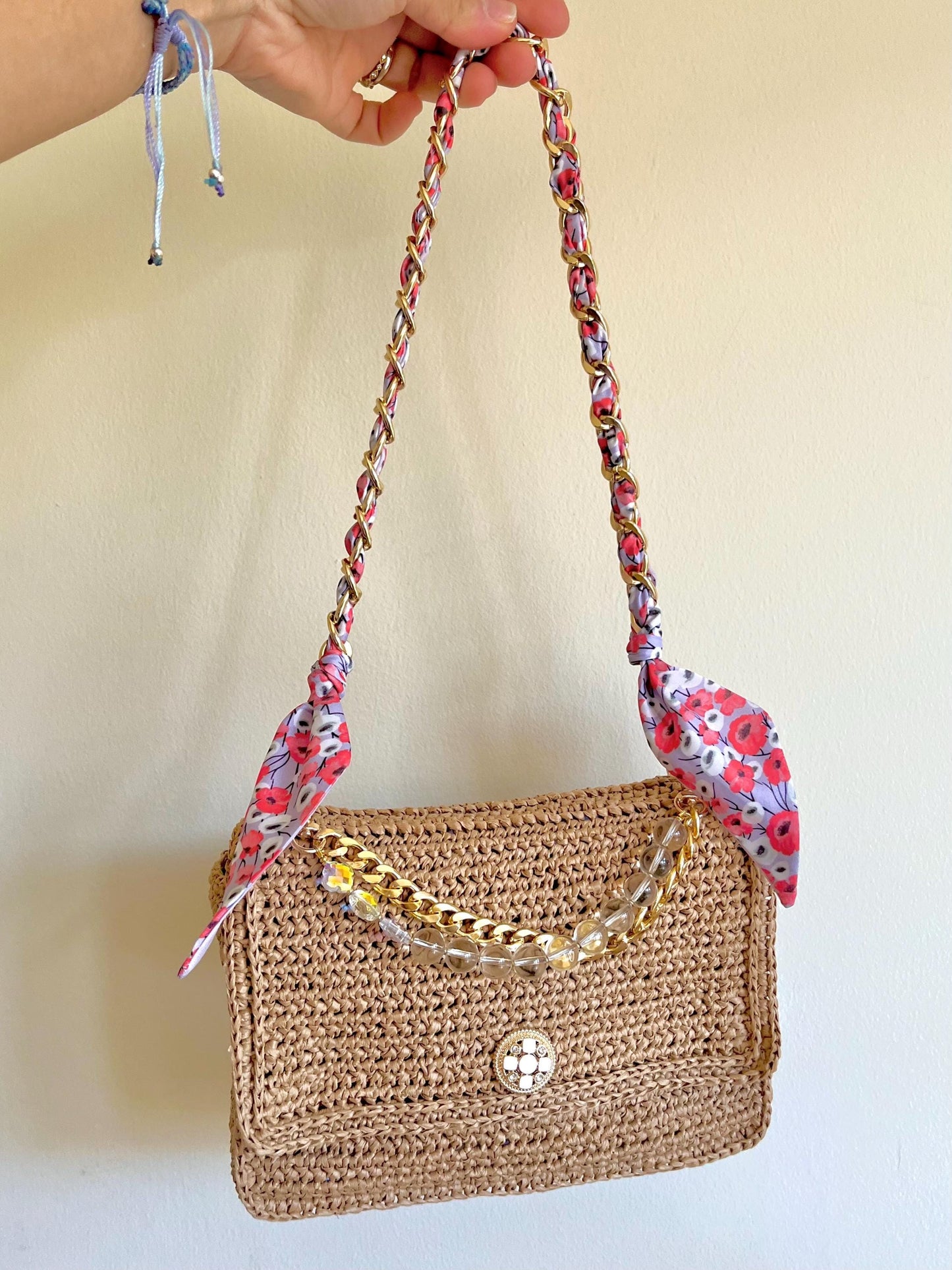 Boho Chic raffia classic flap bag with beaded handle