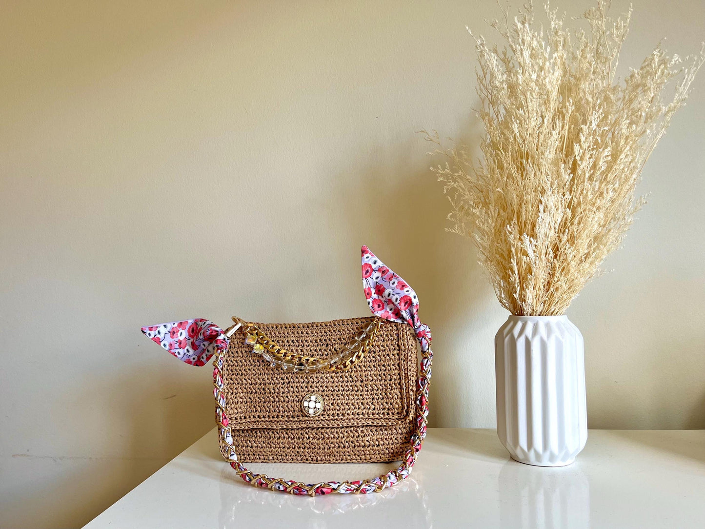 Boho Chic raffia classic flap bag with beaded handle