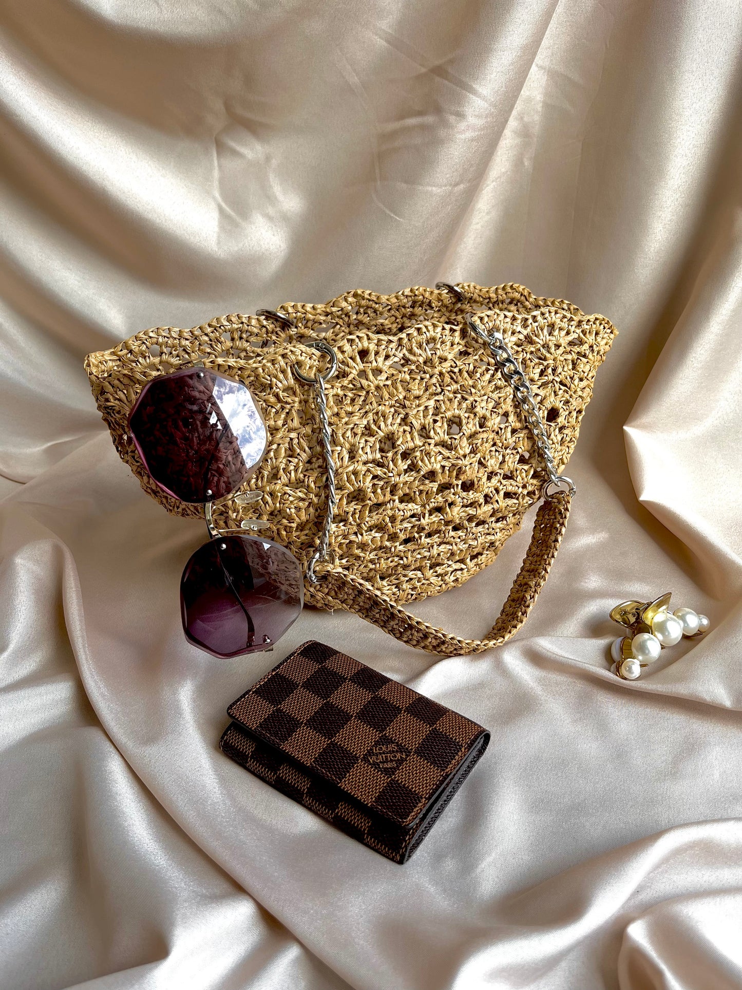 Crochet raffia lace pattern basket bag