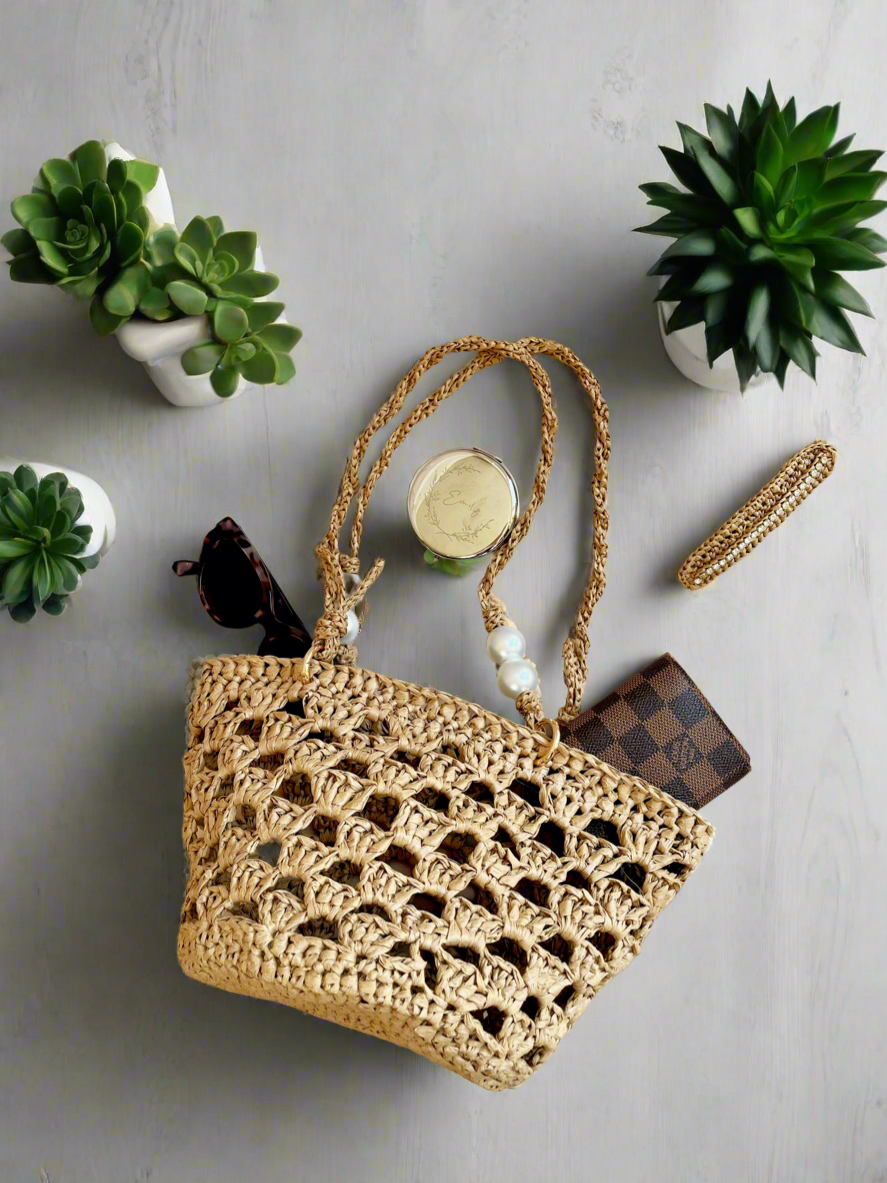Boho crochet mini raffia tote with braided pearl handles