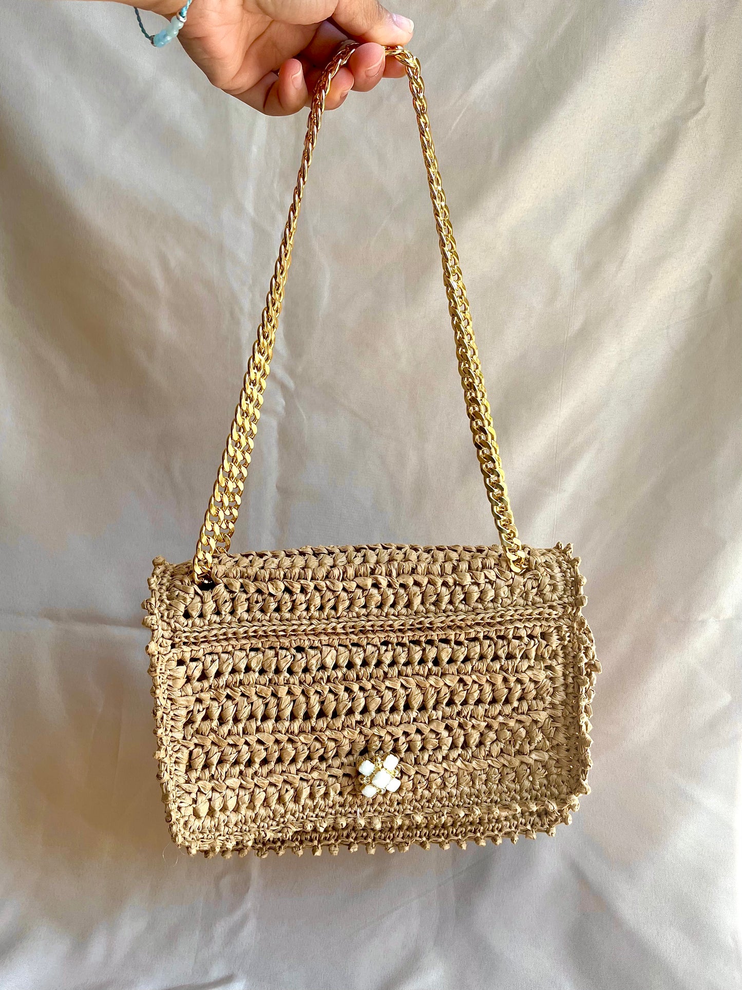 Parisian Chic raffia classic flap chain bag with embroidered beaded edging