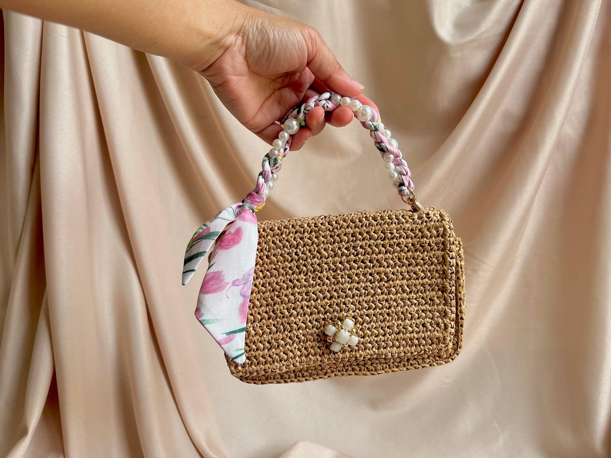 Parisian vibe mini raffia handbag with pearl and satin scarf top handle