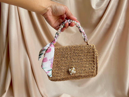 Parisian vibe mini raffia handbag with pearl and satin scarf top handle