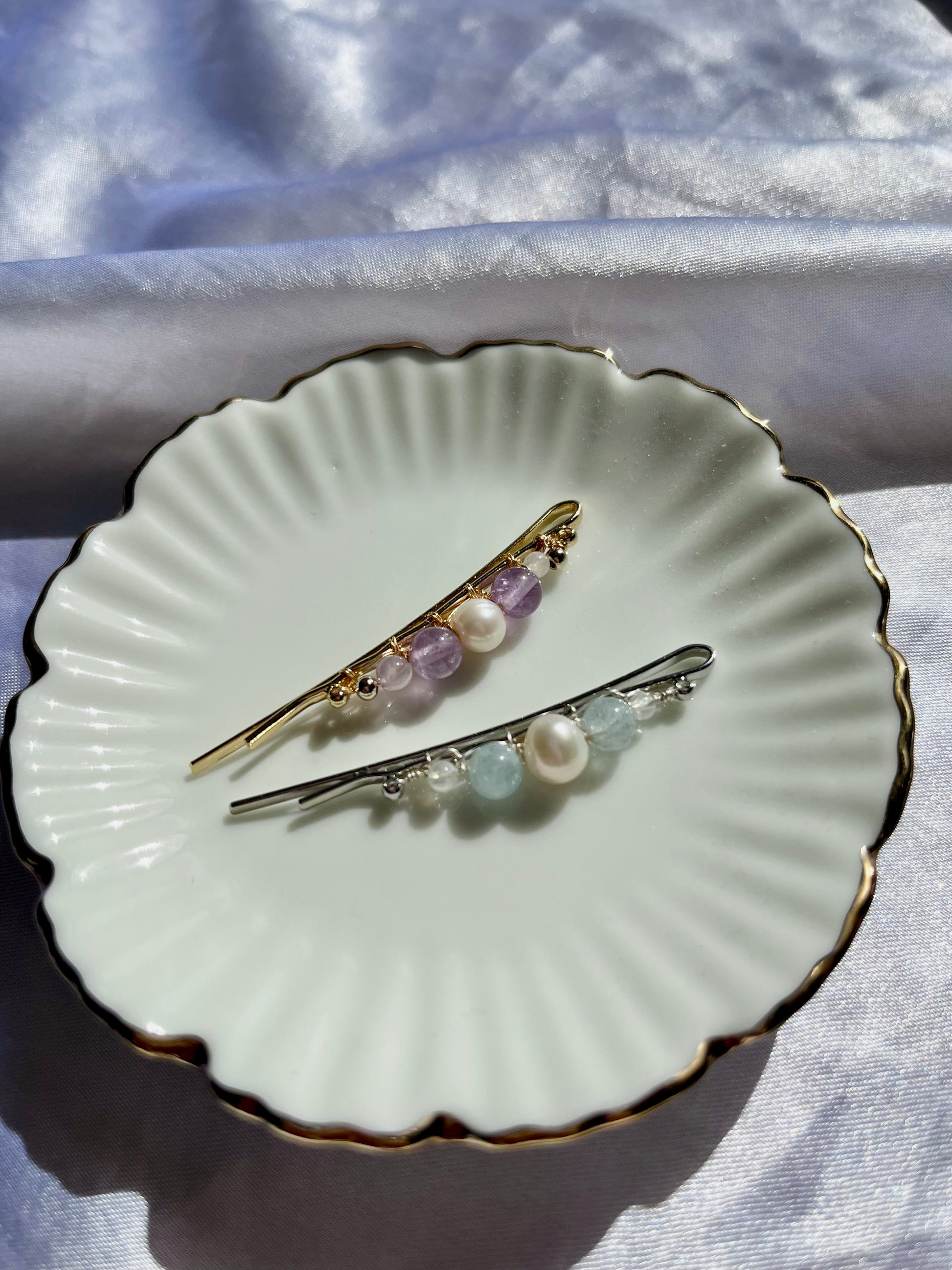 Genuine freshwater pearl aquamarine amethyst bobby pin, freshwater pearl hair pin, freshwater baroque pearl and crystal hair accessories