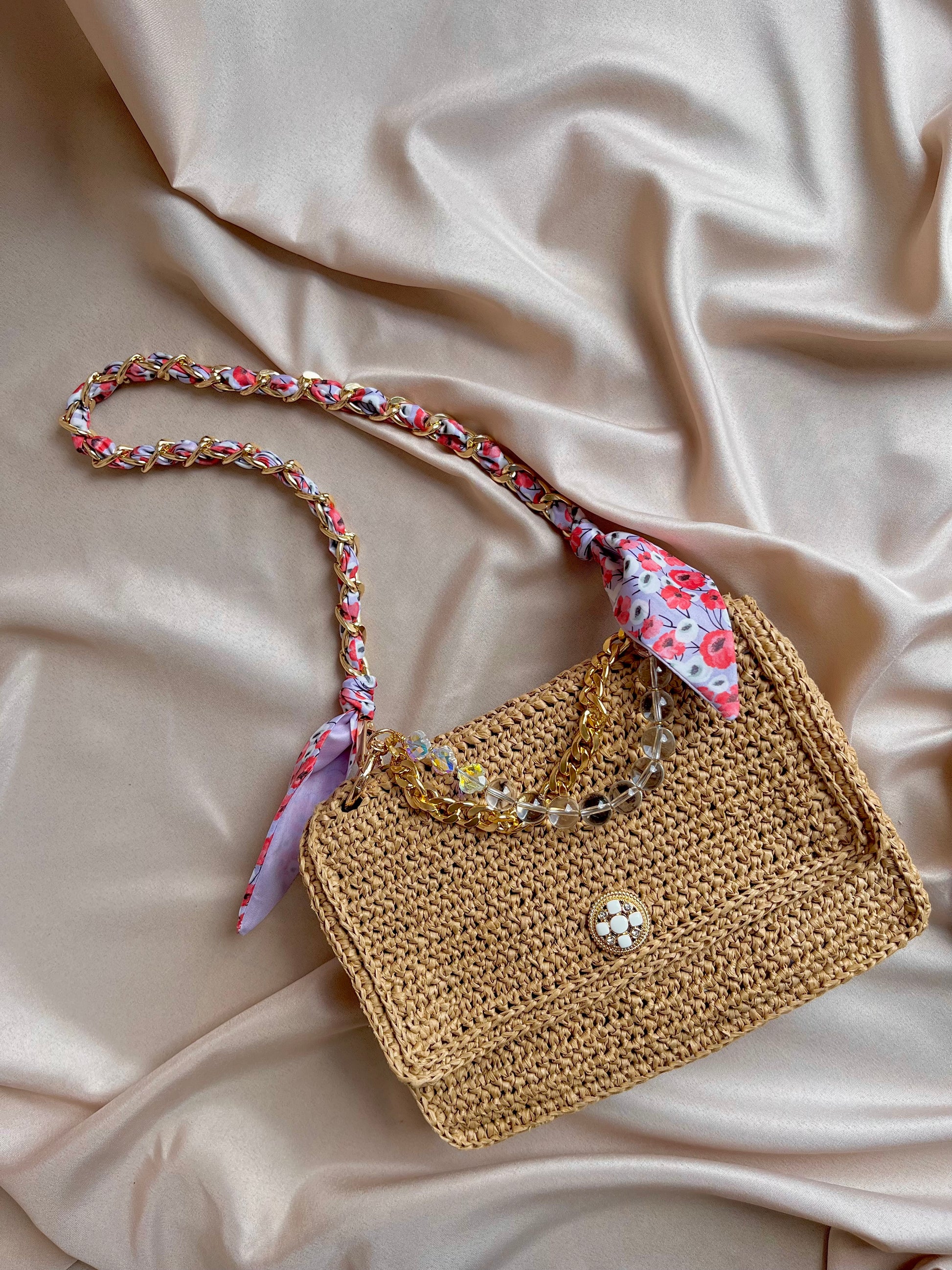 Boho Chic raffia classic flap bag with beaded handle