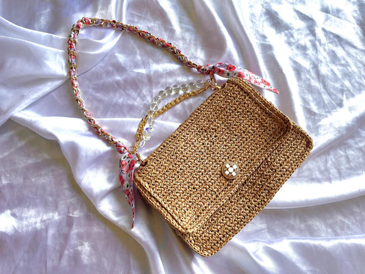 Boho Chic raffia classic flap bag with beaded handle