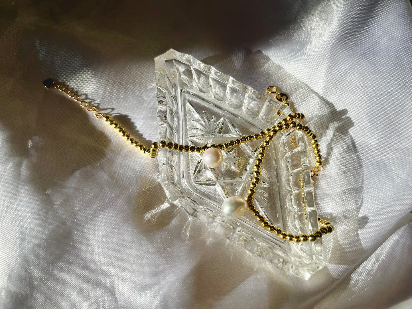 Gold plated silver beaded freshwater pearl bracelet