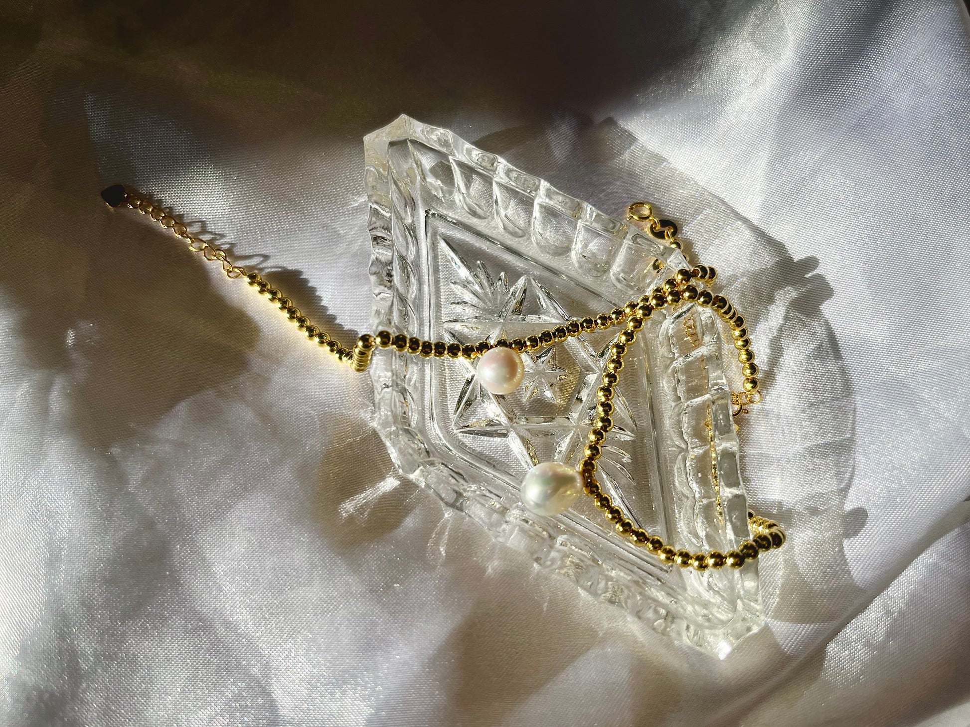 Gold plated silver beaded freshwater pearl bracelet