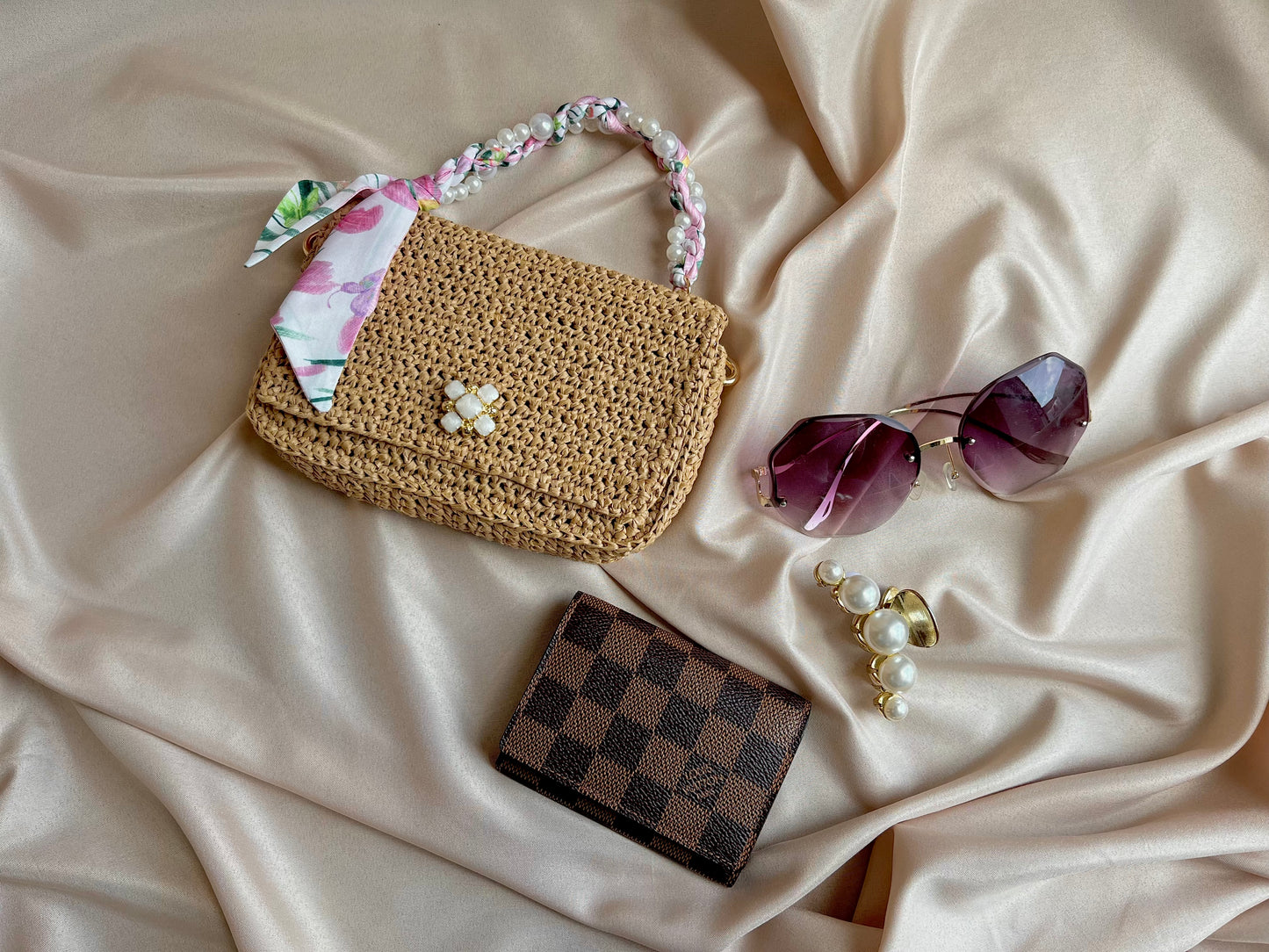 Parisian vibe mini raffia handbag with pearl and satin scarf top handle
