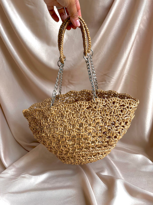Crochet raffia lace pattern basket bag