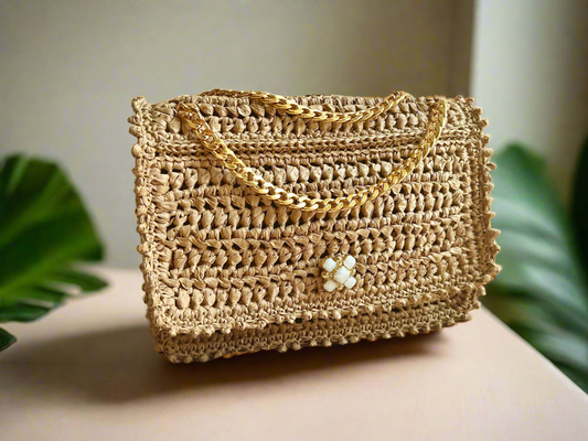 Parisian Chic raffia classic flap chain bag with embroidered beaded edging