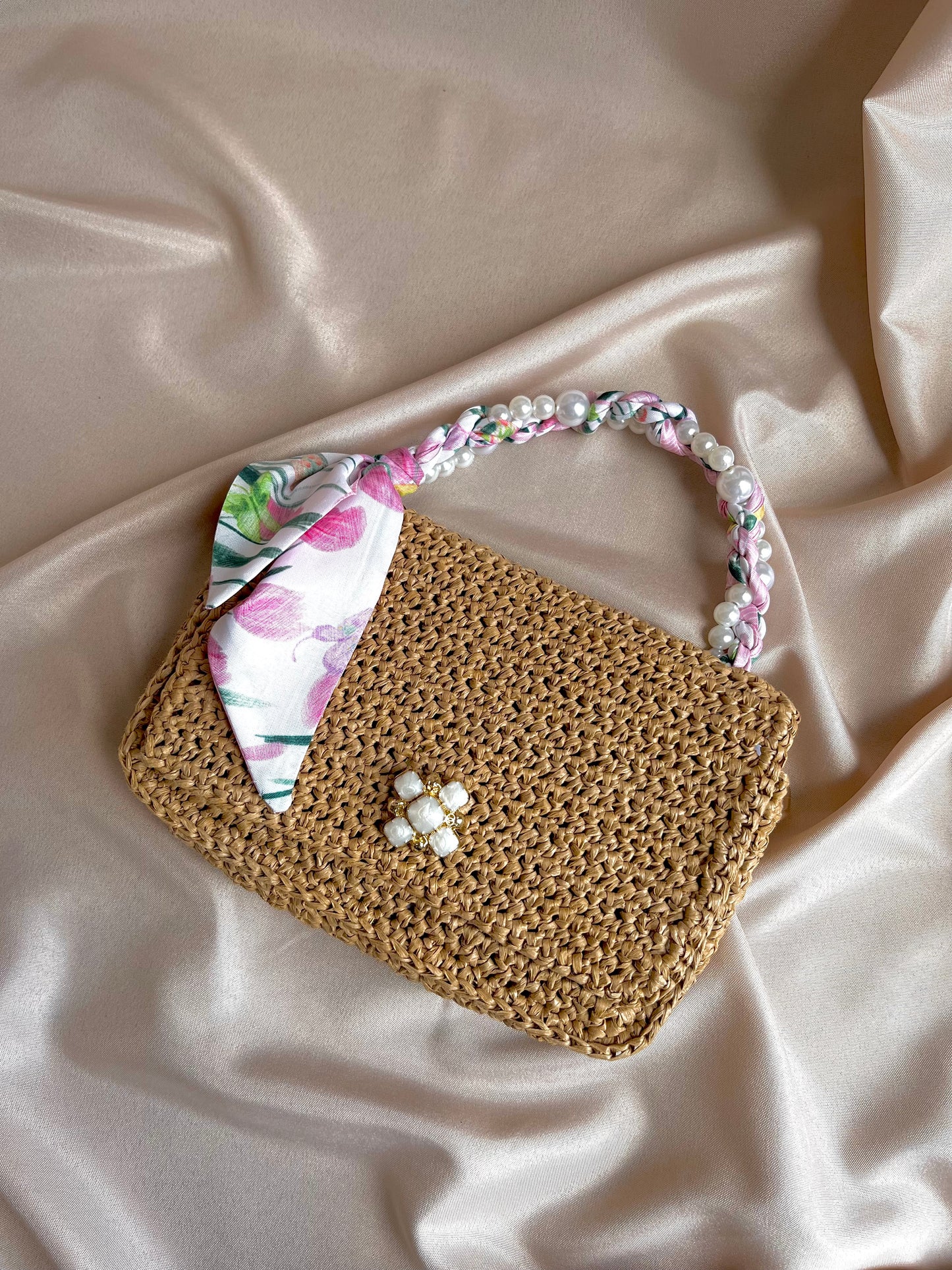 Parisian vibe mini raffia handbag with pearl and satin scarf top handle