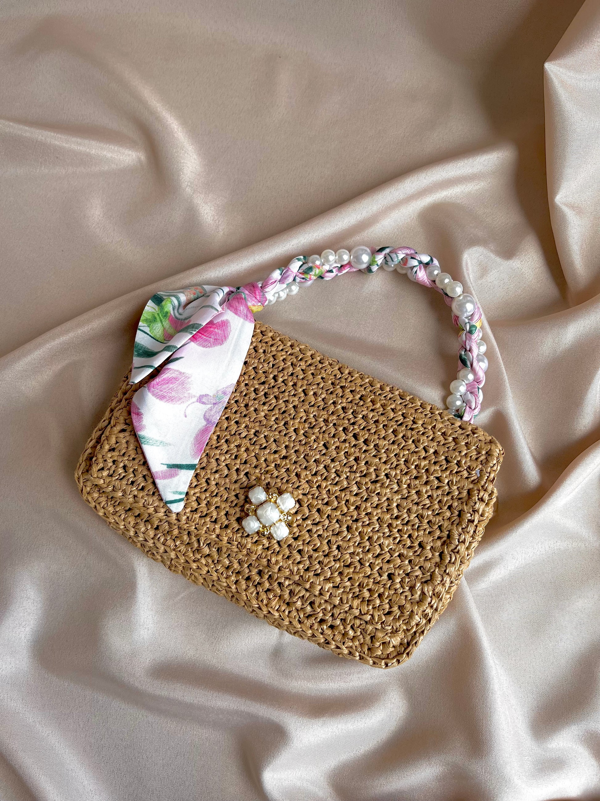 Parisian vibe mini raffia handbag with pearl and satin scarf top handle