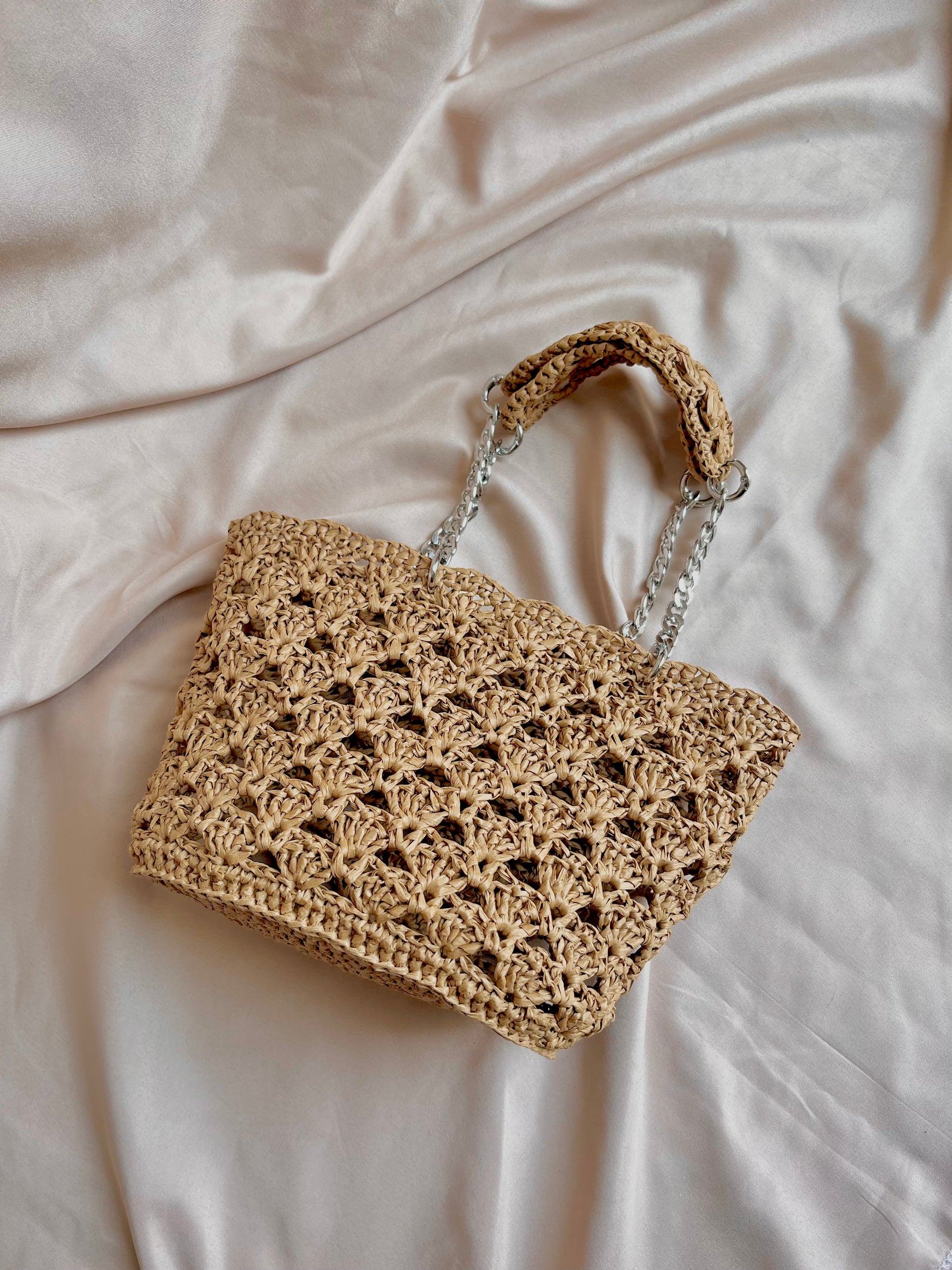 Mini raffia tote bag with silver hardware