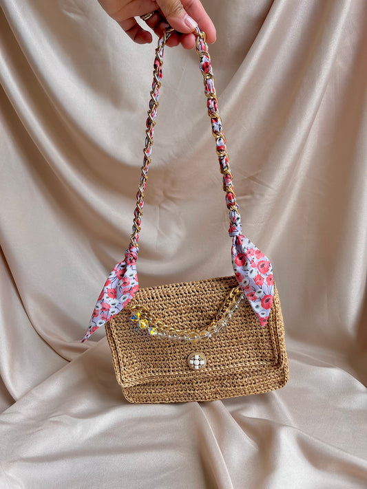 Boho Chic raffia classic flap bag with beaded handle