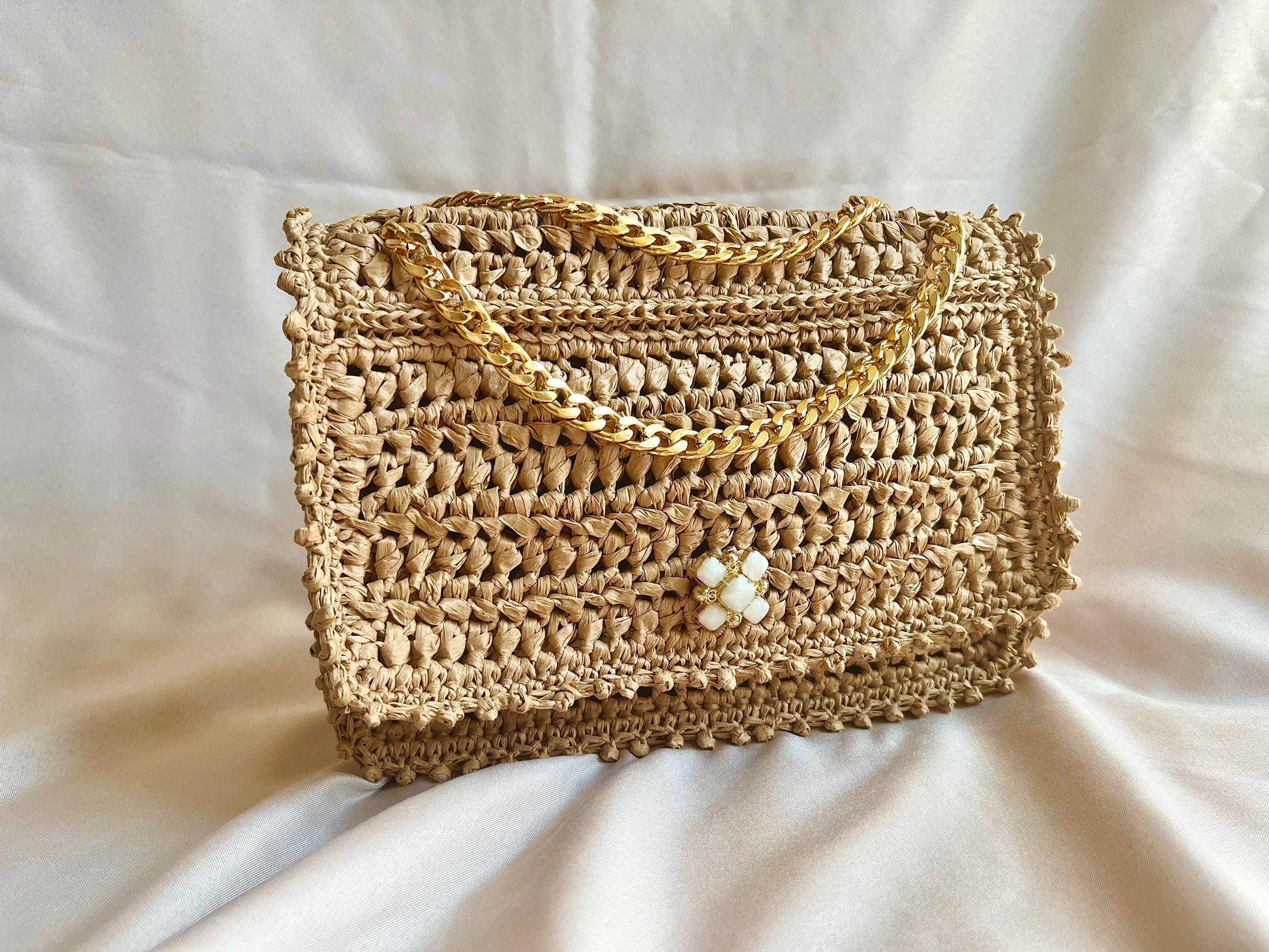 Parisian Chic raffia classic flap chain bag with embroidered beaded edging
