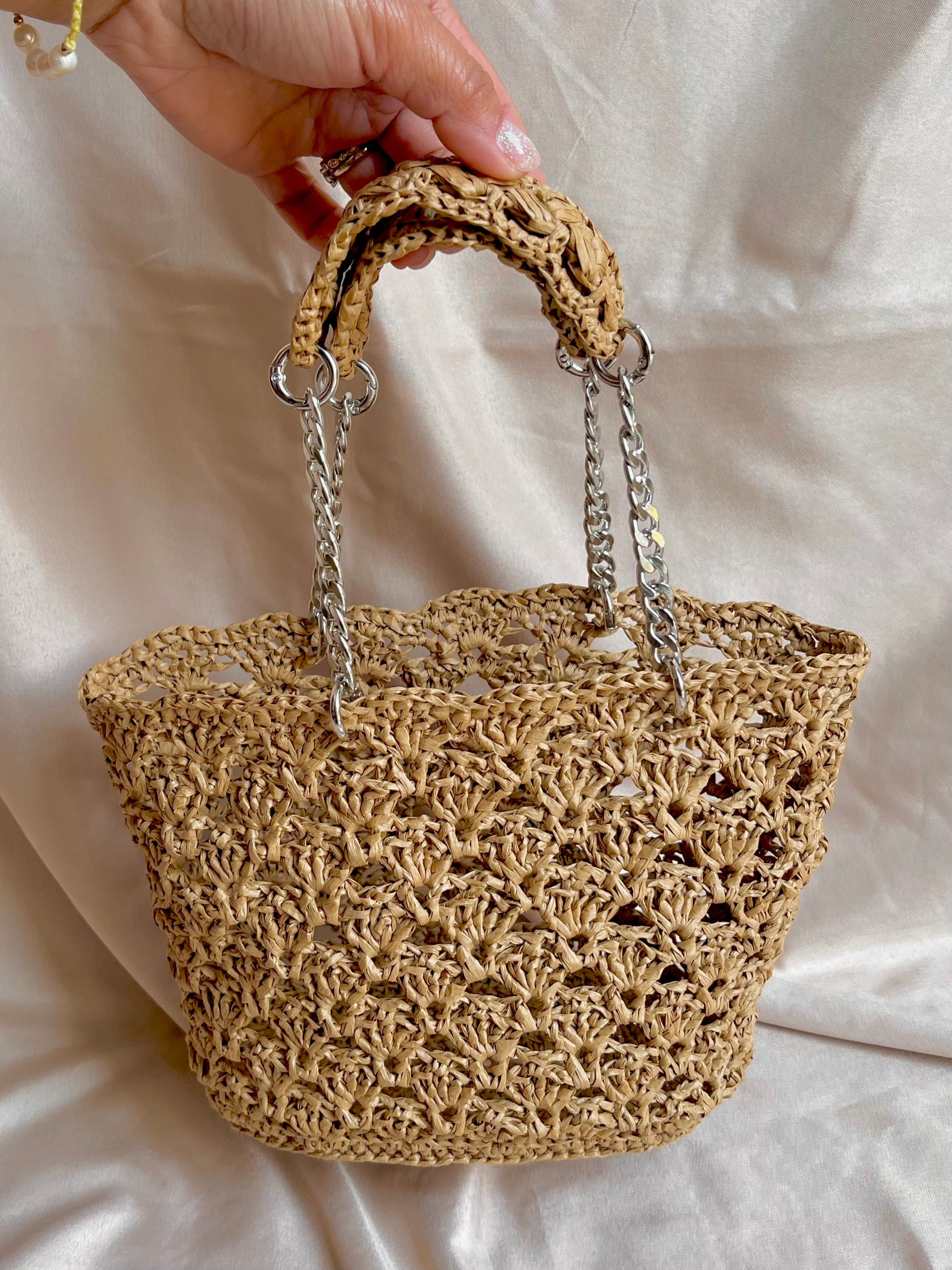 Mini raffia tote bag with silver hardware