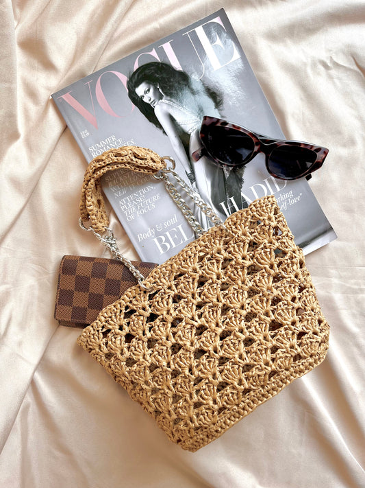 Mini raffia tote bag with silver hardware