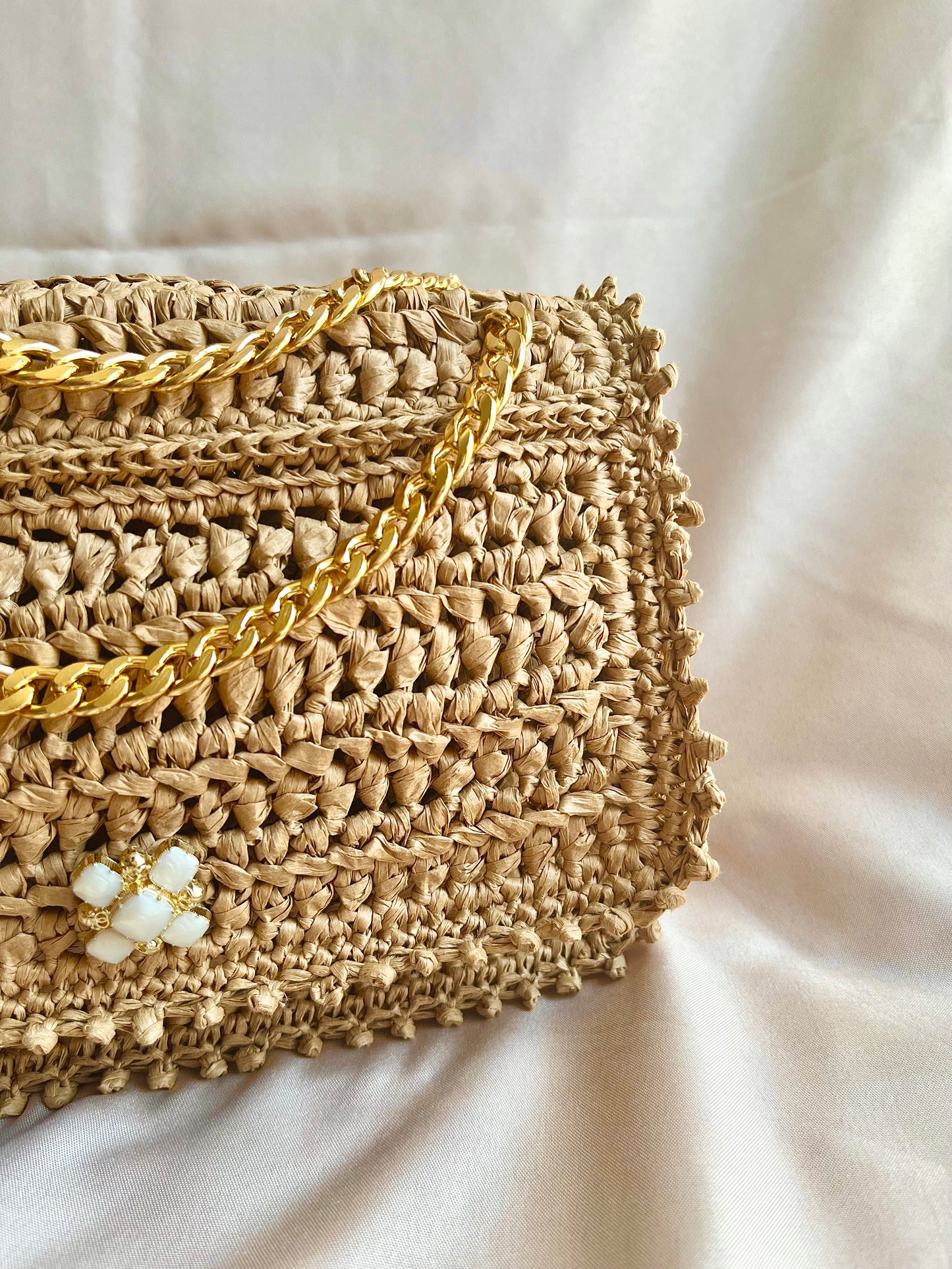 Parisian Chic raffia classic flap chain bag with embroidered beaded edging