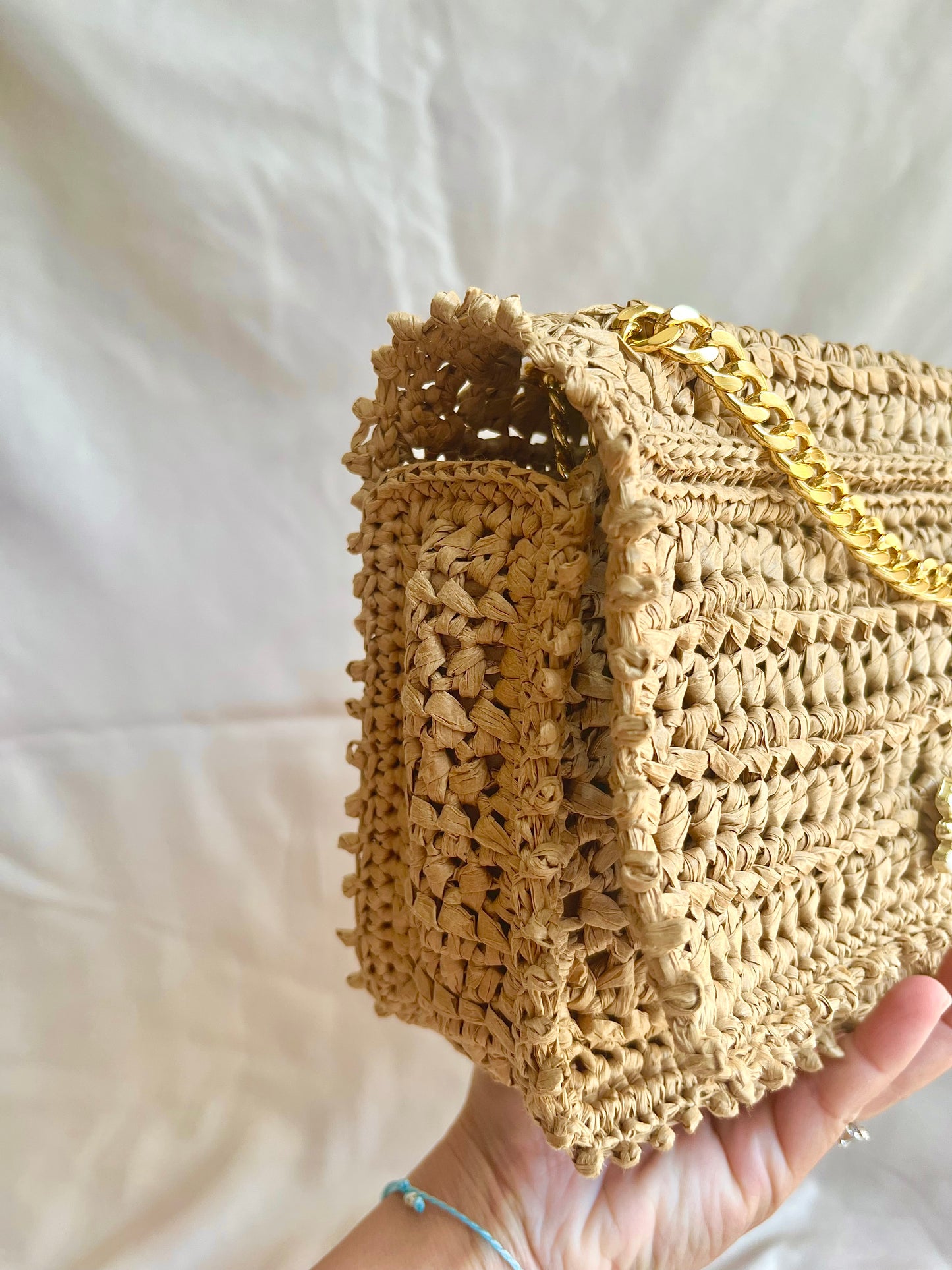 Parisian Chic raffia classic flap chain bag with embroidered beaded edging
